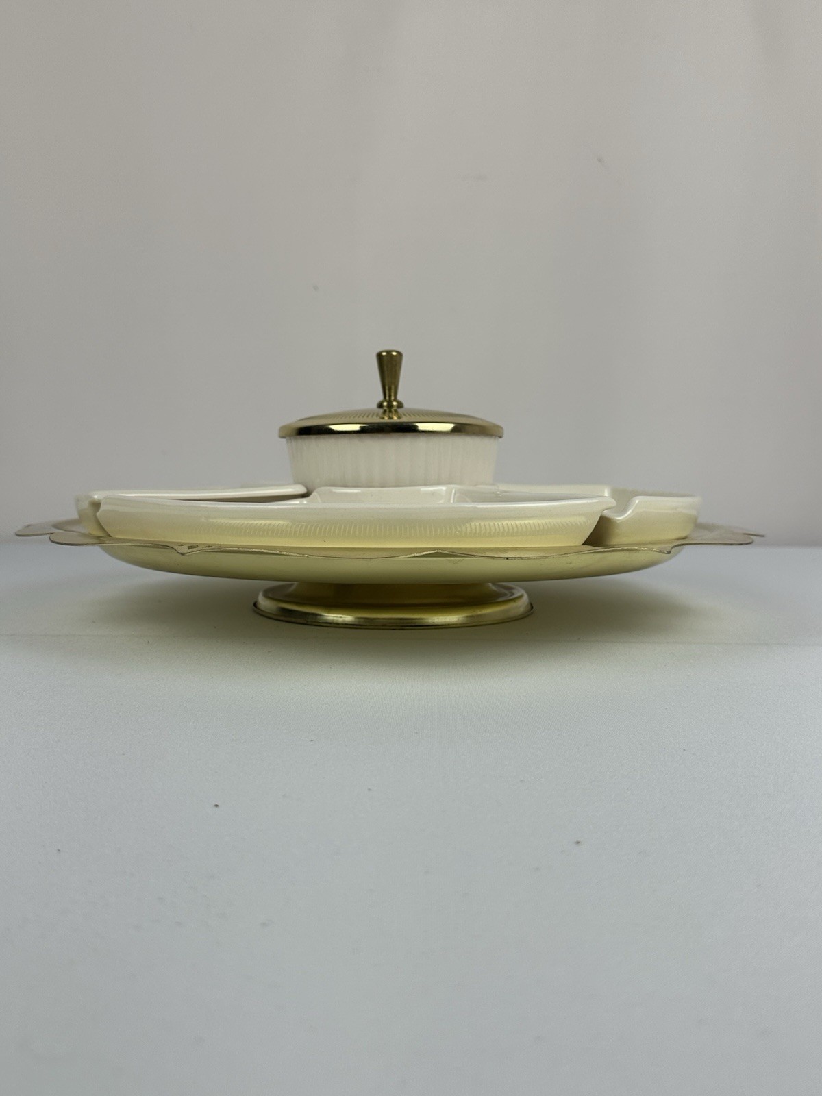 Vintage Ceramic Divided Relish Tray Gold Tone Pedestal Server w Covered Dip Bowl