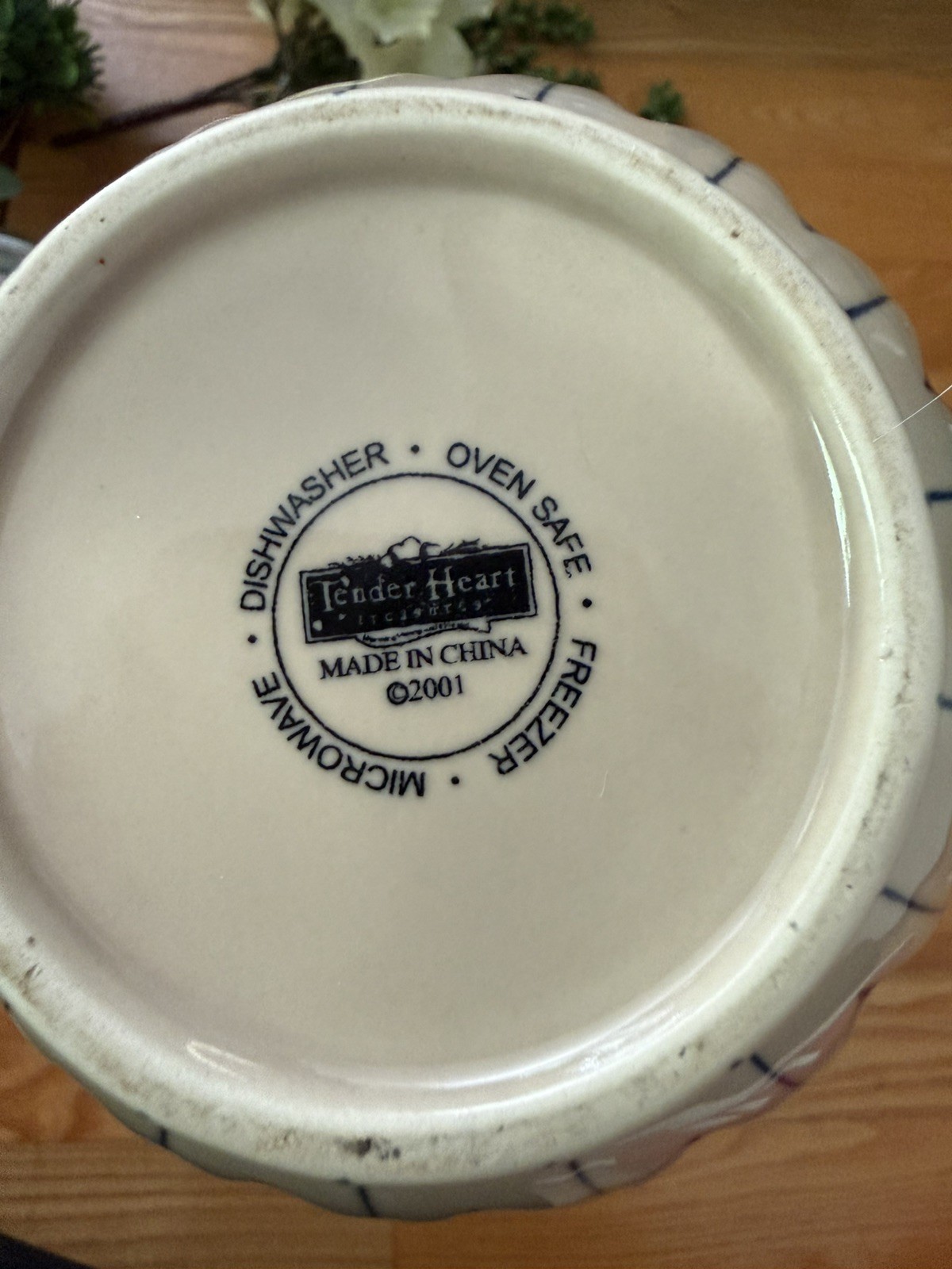 2001 Tender Heart Treasures Blue Tan Mixing Serving Bowl Floral Leaf Ceramic