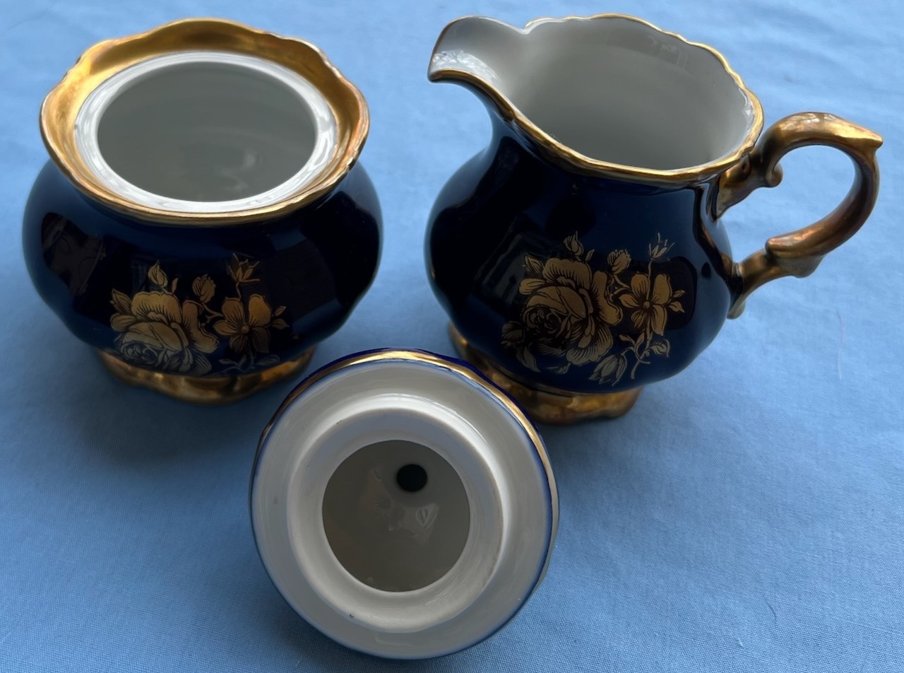 Mitterteich Bavaria Echt Cobalt Gold Roses Creamer & Covered Sugar Bowl