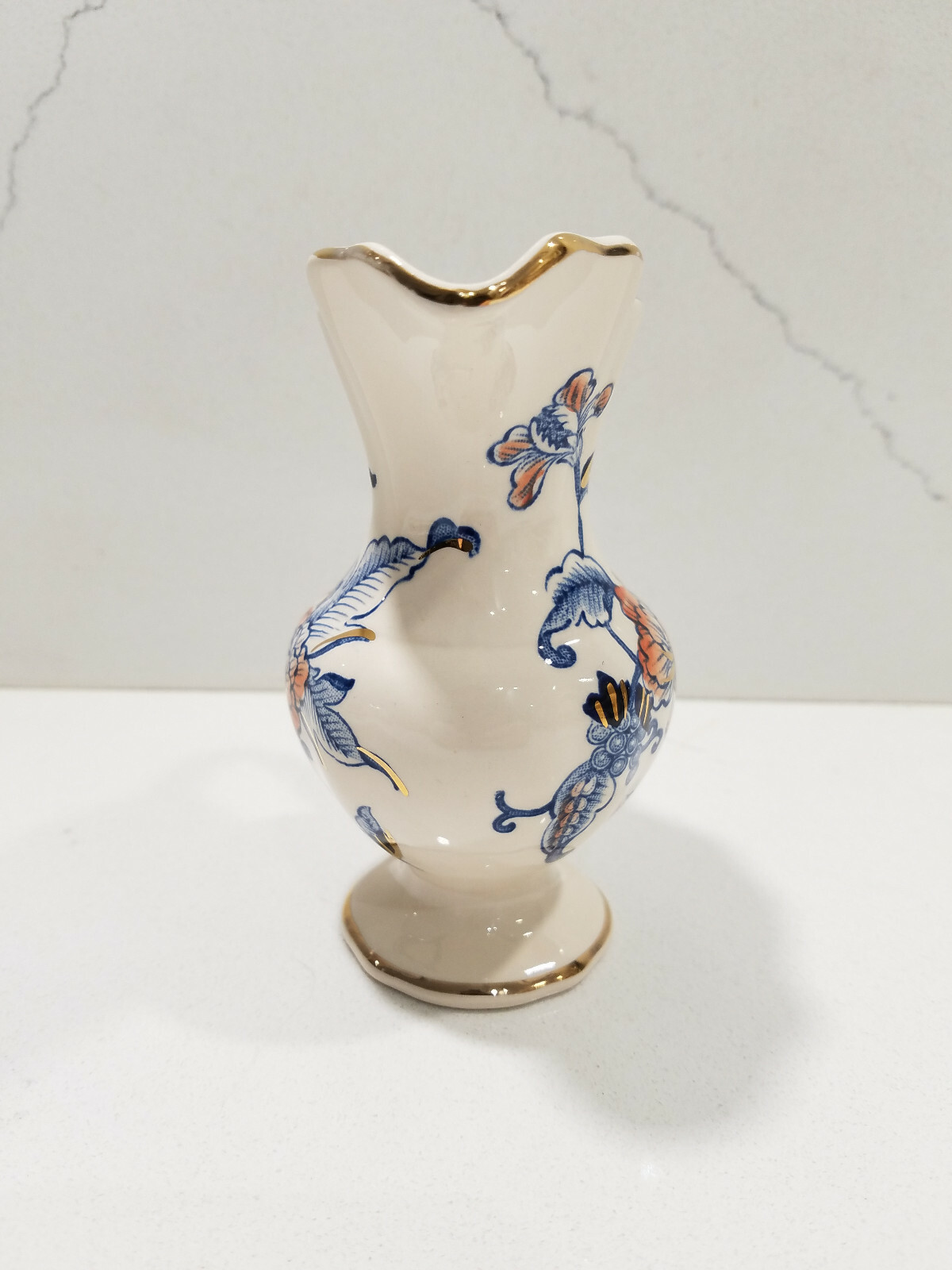 Mason’s England Cathay Pattern: Blue & Rust Flowers, Gold Trim Small Pitcher 5″