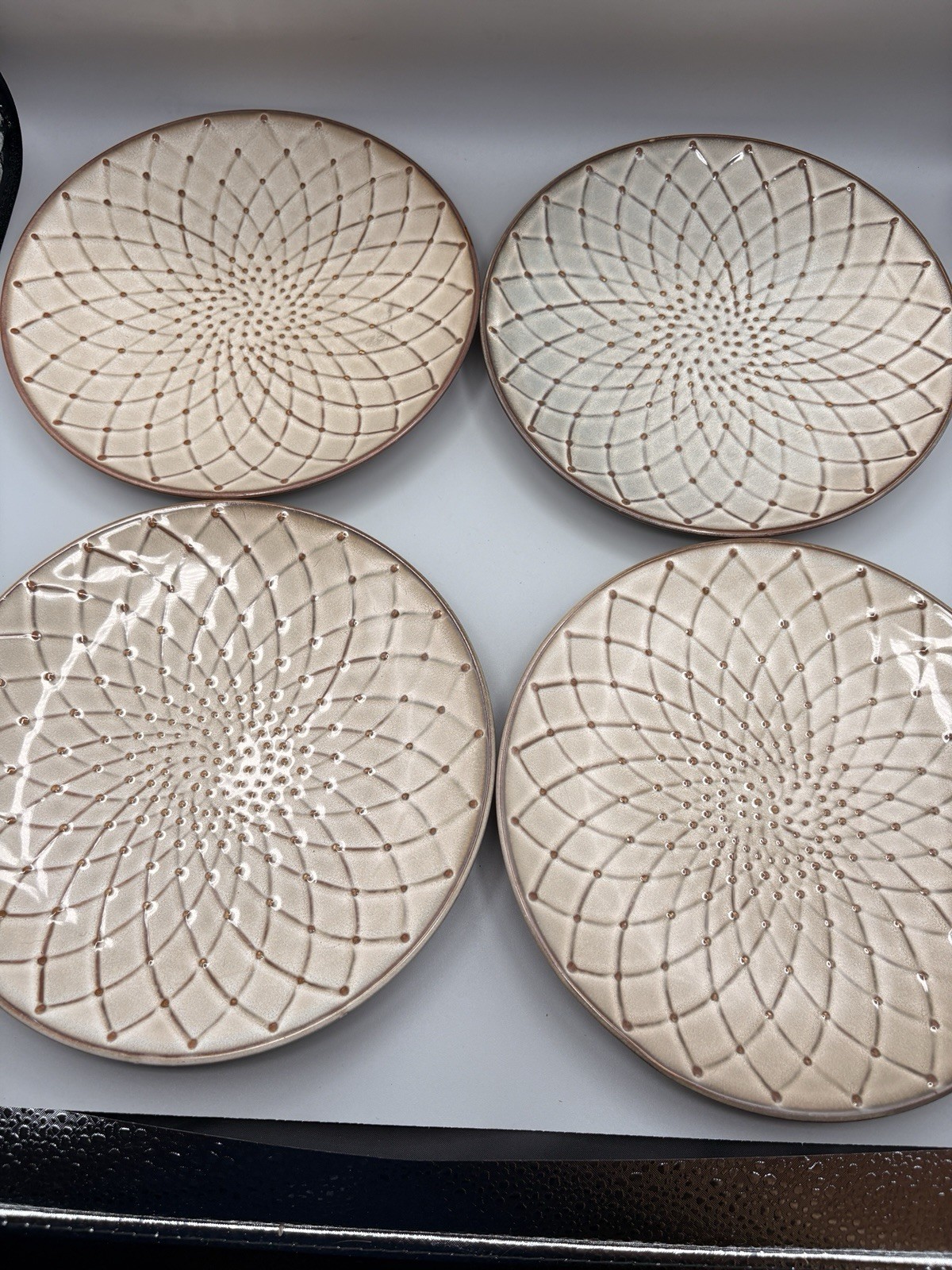 Pier 1 Stoneware Salad Plates Beige Brown Geo Embossed 8.5″ Lot Of 4