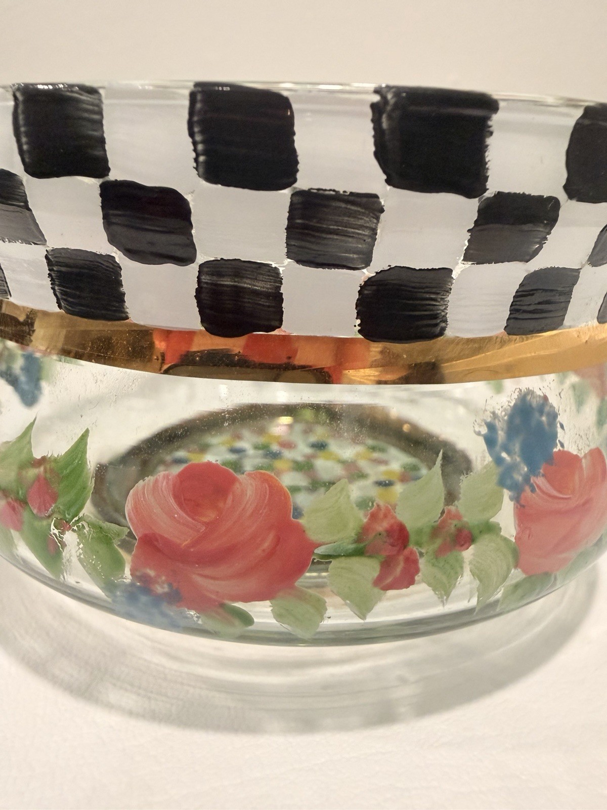 MacKenzie-Childs 1983 Courtly Check Circus Rose Hand Painted Floral Glass Bowl