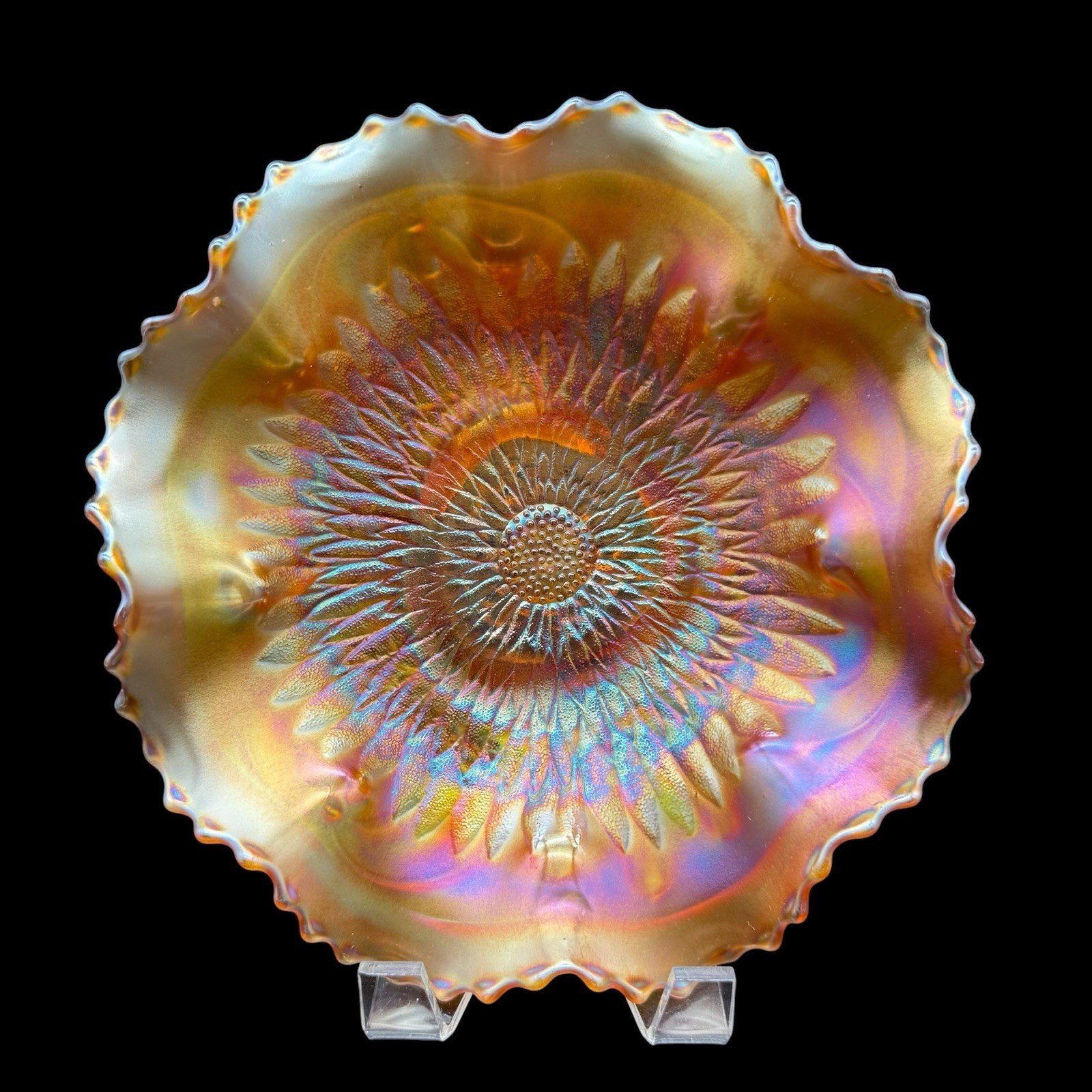 Northwood Pumpkin Marigold Sunflower Spatula Ftd Carnival Glass Master Bowl 9”