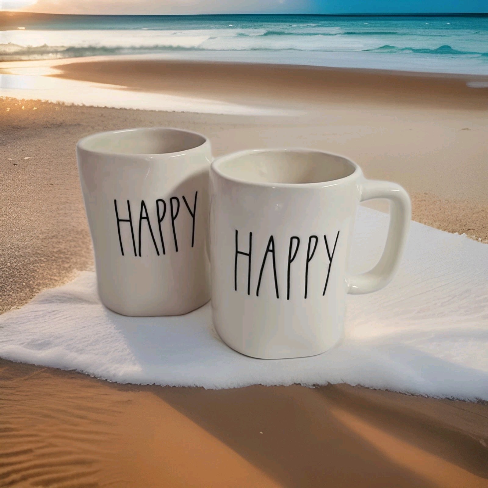 Rae Dunn “HAPPY” Set of 2 Coffee Mugs Tea Cups 16oz appx. By Magenta EUC