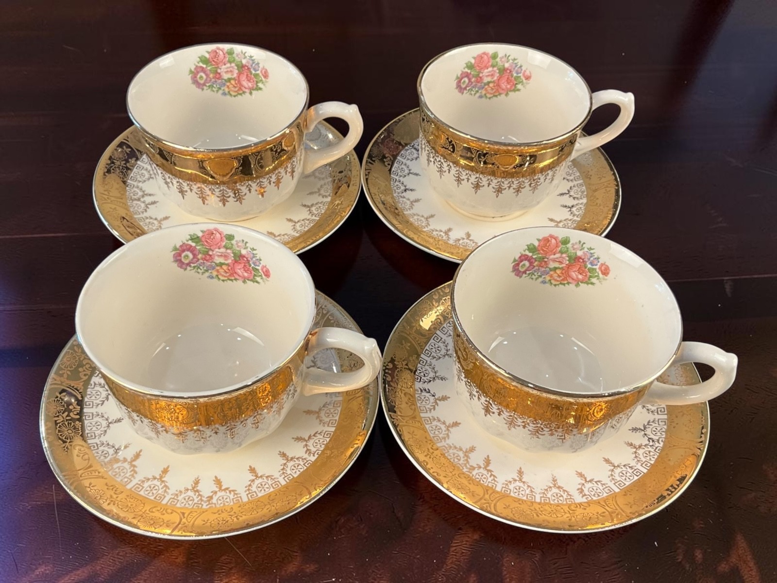Vintage Sabin Cert-O-Gold 22K Gold Floral Tea Cups & Saucers Set of 4 USA