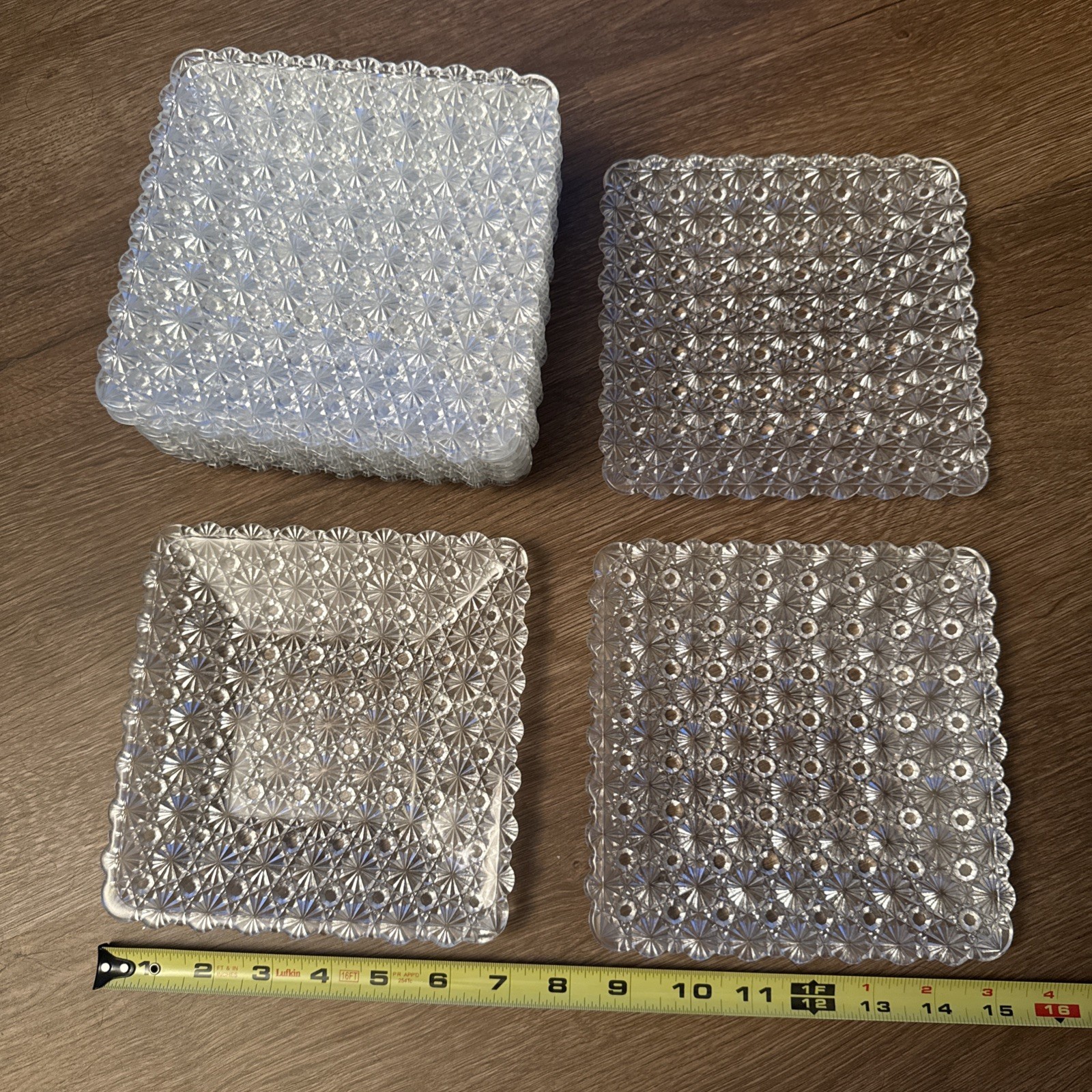 Set of 12 Indiana Glass MCM “Daisy & Button” Clear Crystal 7″ Square Plates Dish