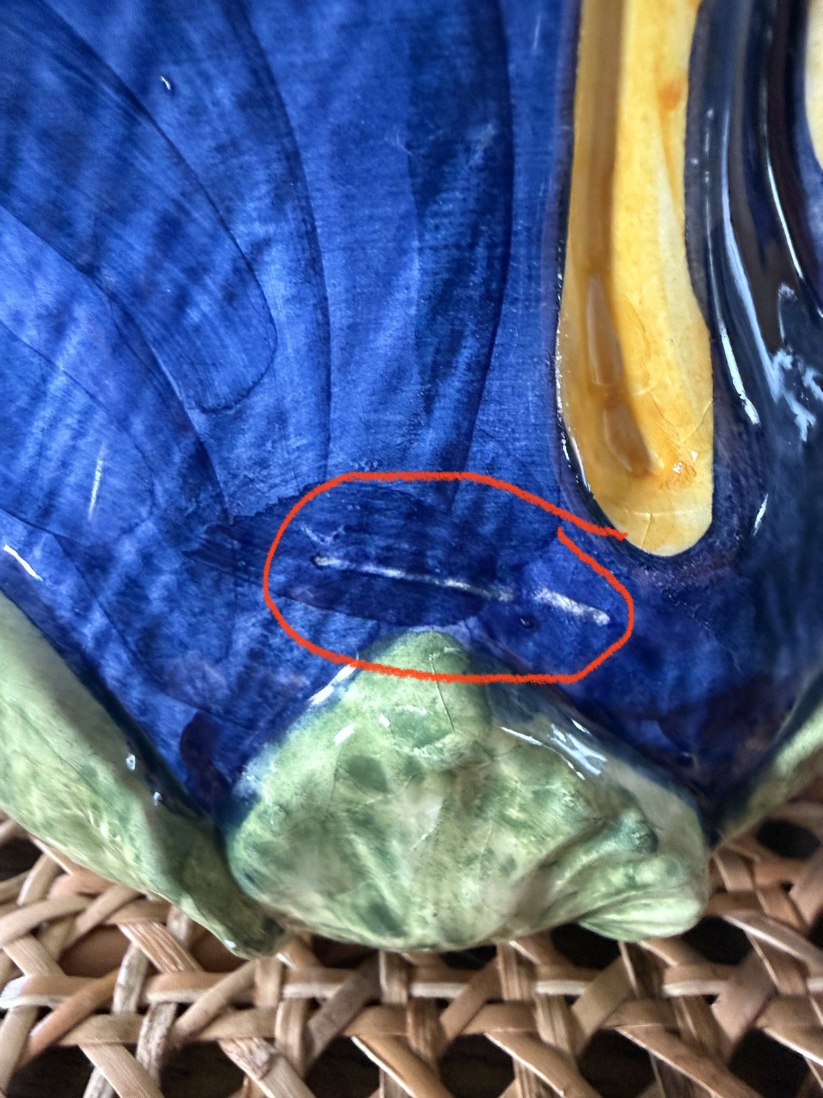 VTG ITALIAN HANDMADE POTTERY IRIS PITCHER MAJOLICA STYLE COBALT BLUE YELLOW
