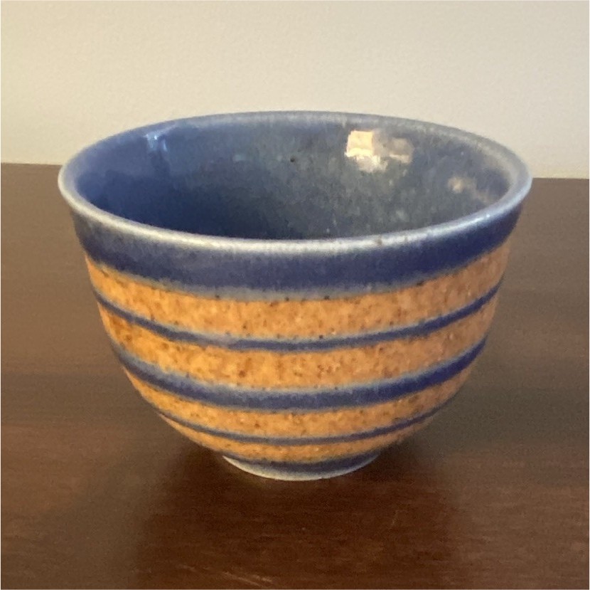 Blue & Beige Striped Art Pottery Ceramic Bowl Round Glossy Finish