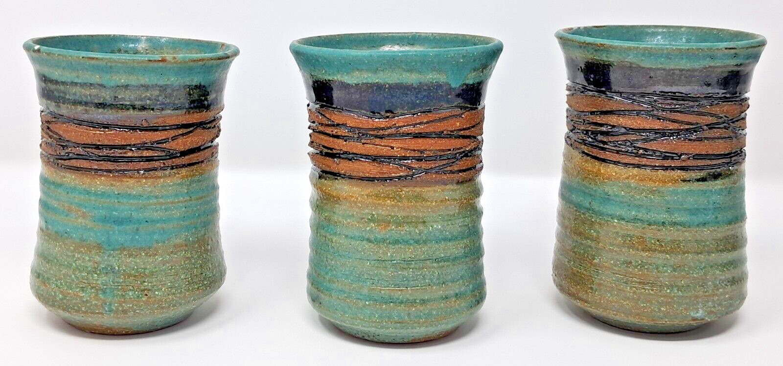Stoneware Art Pottery Cups 8-9 fl oz Set of 6 turquoise glaze 4″ tall unique