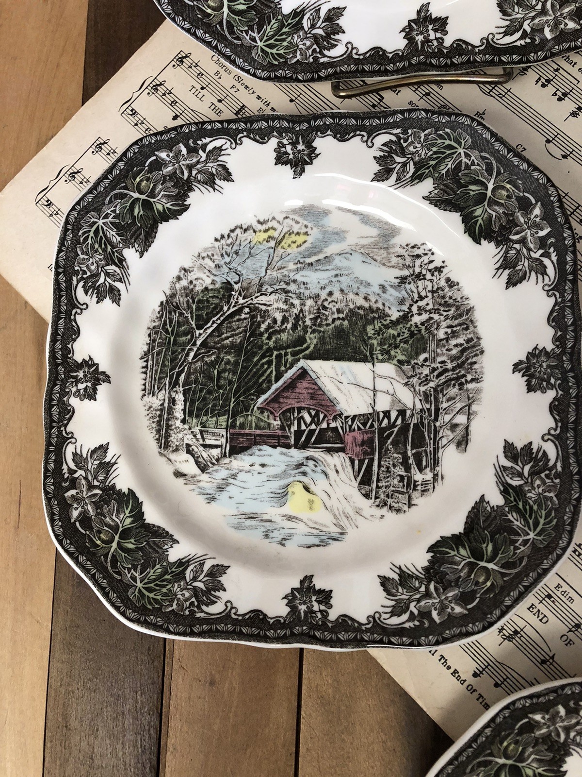 Johnson Bros The Friendly Village 4 Square Salad Plates 7.5″ Covered Bridge 1883