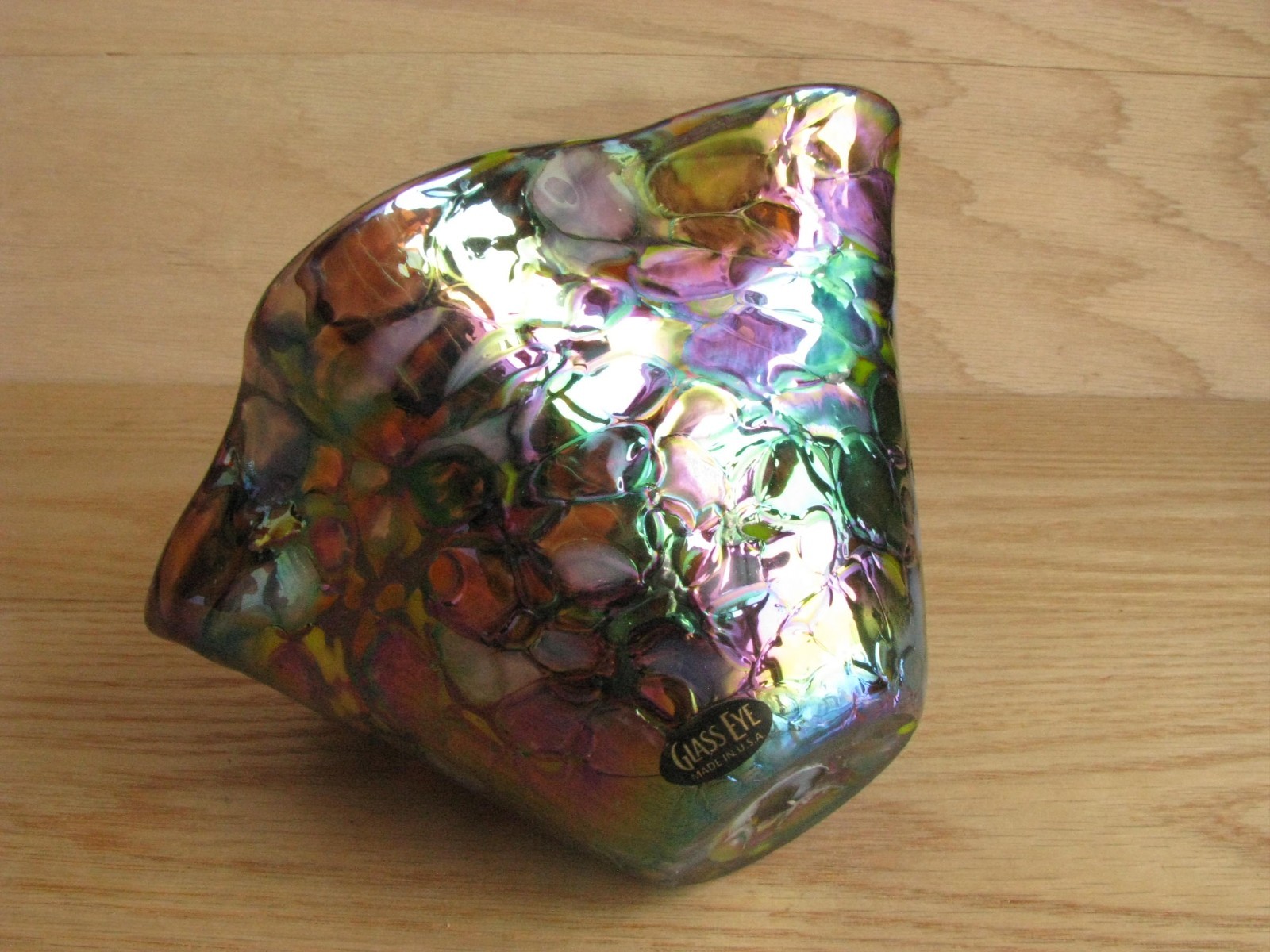GLASS EYE STUDIO Ruffled Bowl Dish PURPLE GREEN BLUE Iridescent CARNIVAL Mosaic