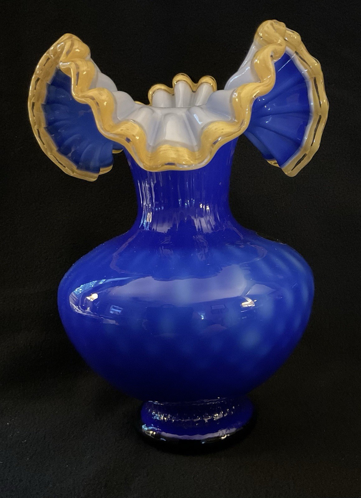 2 MCM Arte Murano Kristall Mery Cobalt Blue Pitcher W/Yellow Ruffled Rim 8.5