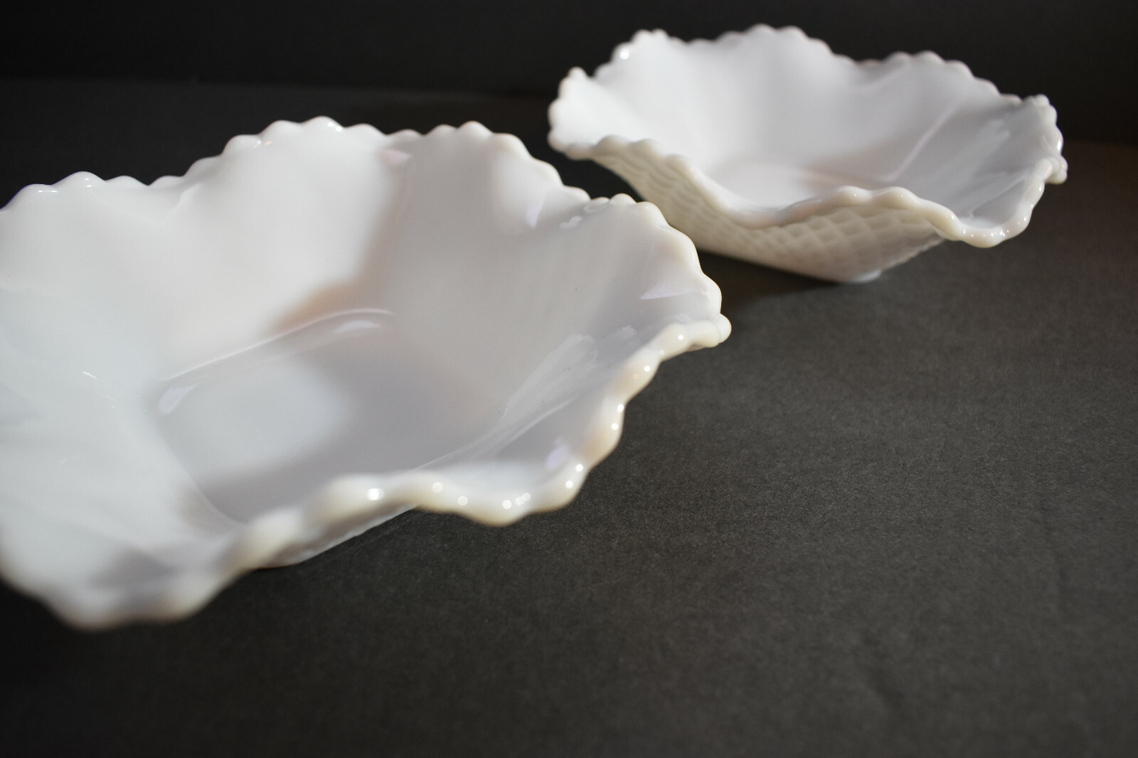 Milk Glass Candy/Trinket Dishes Diamond Pattern Matched Set of 2 Square 4”