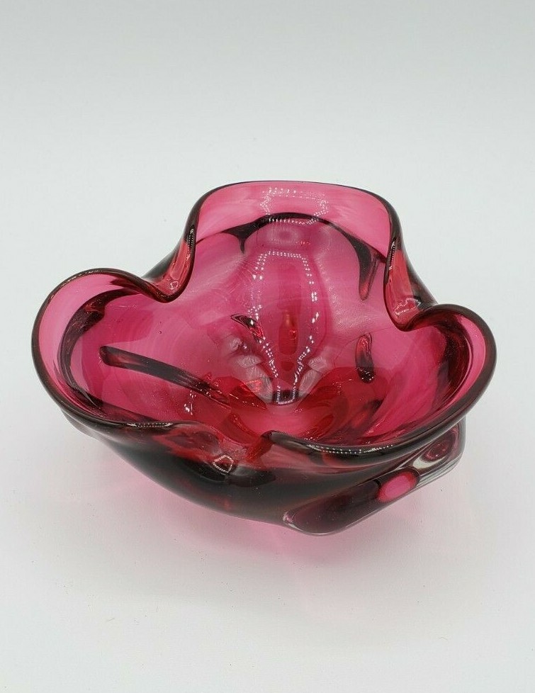 Vintage Murano Art Glass Pinch Bowl Purple Pink Ashtray Pinched Sides Strawberry