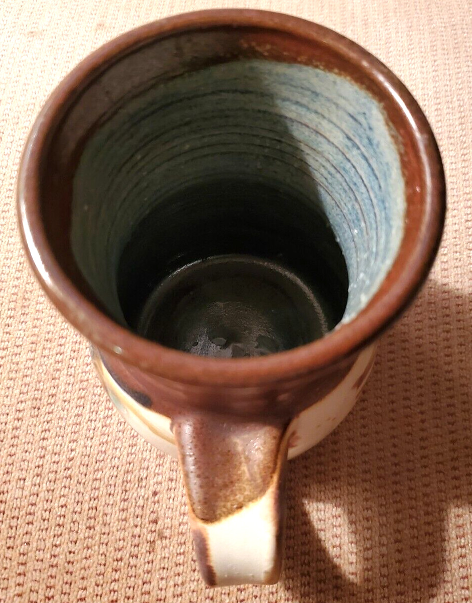 Art Pottery Mug Brown Tan Blue Gray Signed Ron Hulu or Lulu Possibly Studio Art