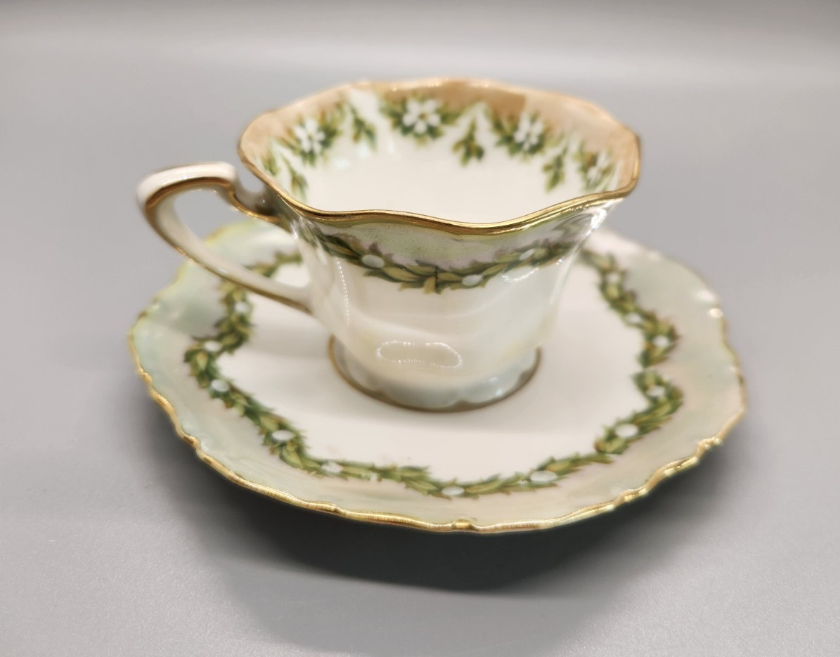 Antique R.S. Prussia (Red Mark) Small Teacup & Saucer Green Floral Garland C1900
