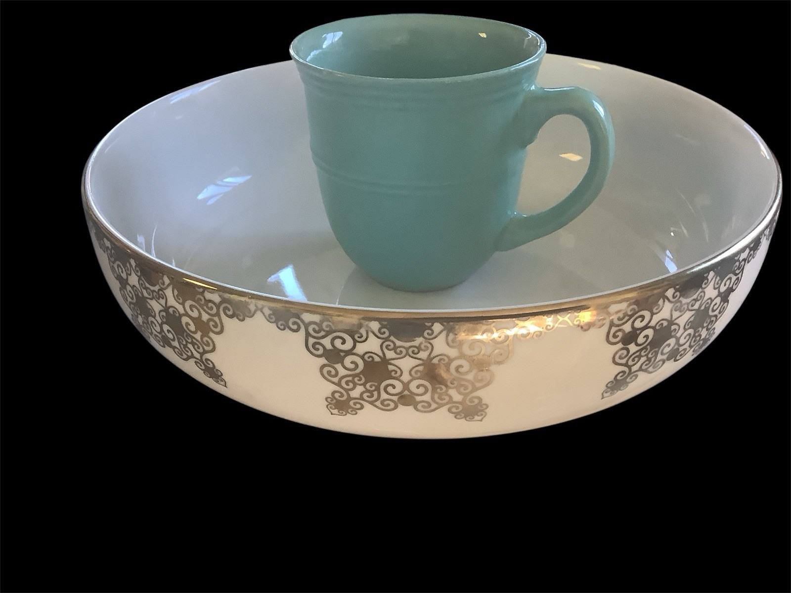 Holiday Home Large White Porcelain Serving Bowl With Gold Rim & Gold Design 11”