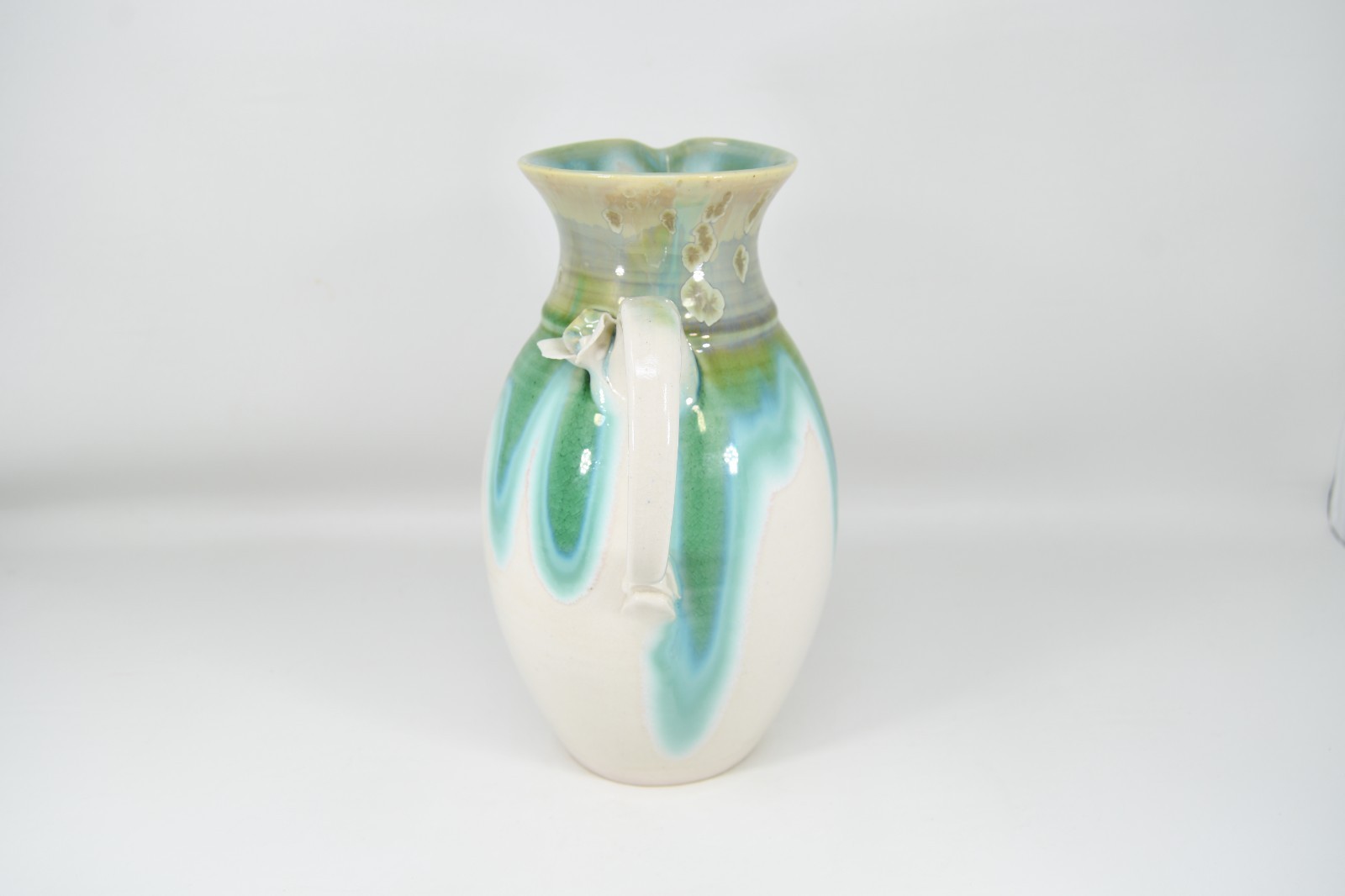 VTG Studio Art Pottery Pitcher Applied Flower Drip Flow Crystalline Glaze Signed