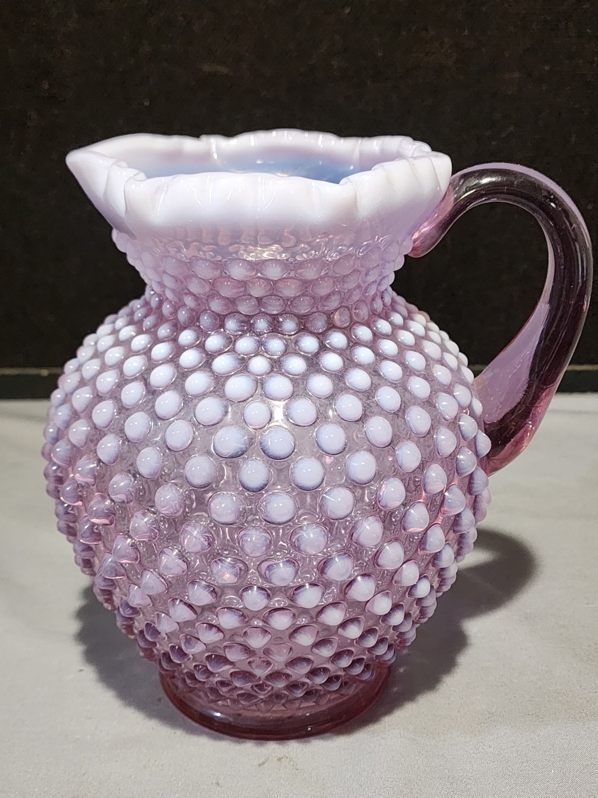 Vintage Fenton Lavender Mauve PInk Opalescent Glass Hobnail Pitcher 8 3/4″