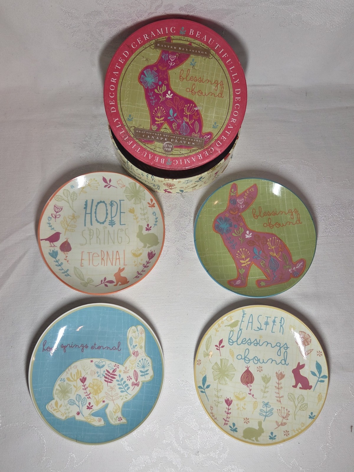 4 Certified International EASTER RABBIT BUNNY BLESSINGS Appetizer Plates w/Box