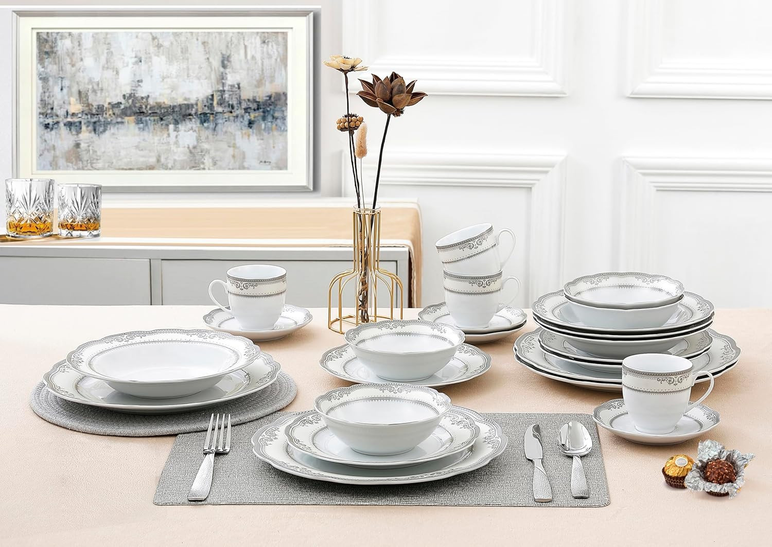 Elegant 24-Piece Victoria Wavy Edge Porcelain Dinnerware Set in White