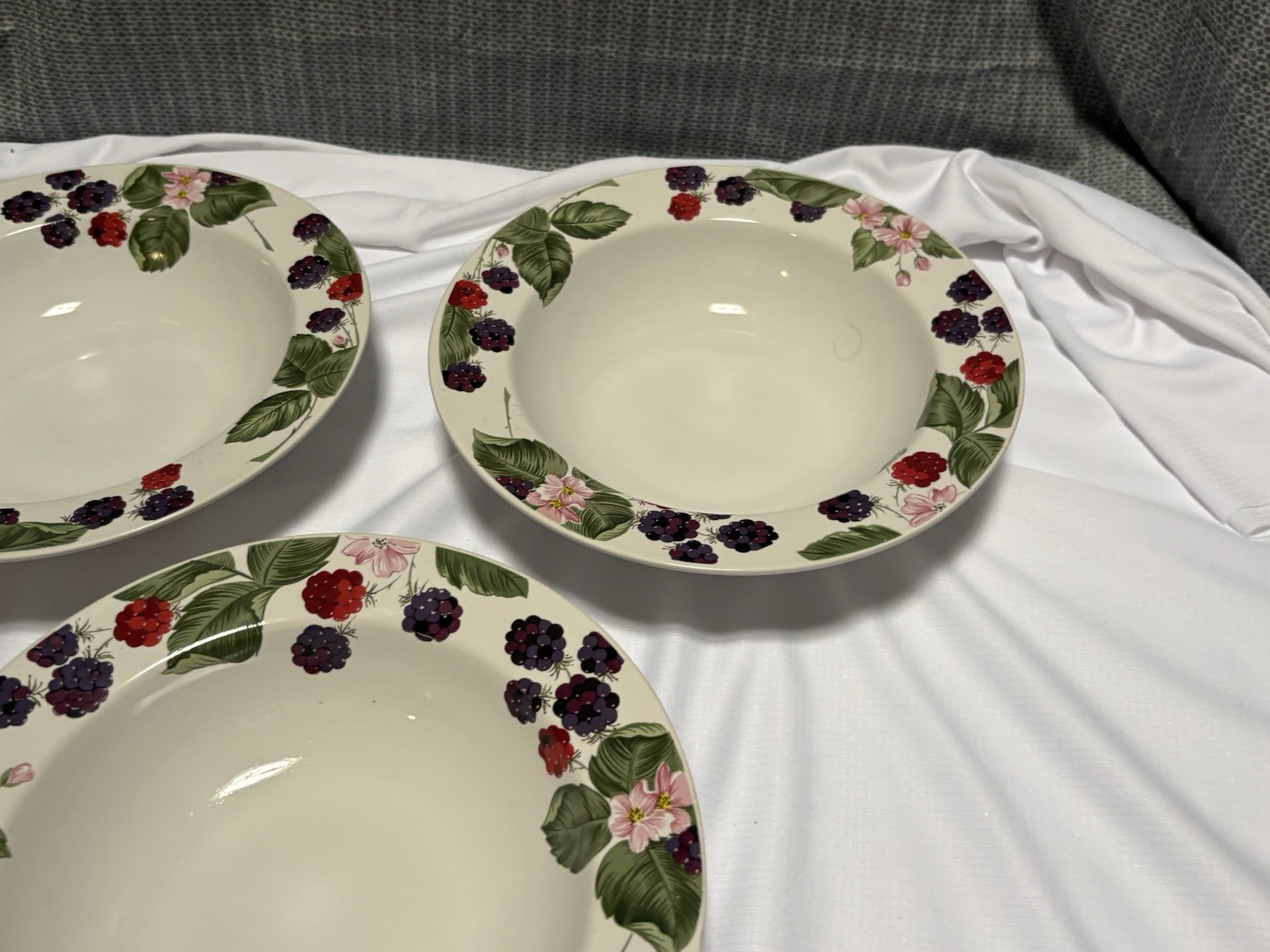 Three (3) Tienshan Stoneware Raspberry Social Rimmed 8 1/2” Soup Cereal Bowls
