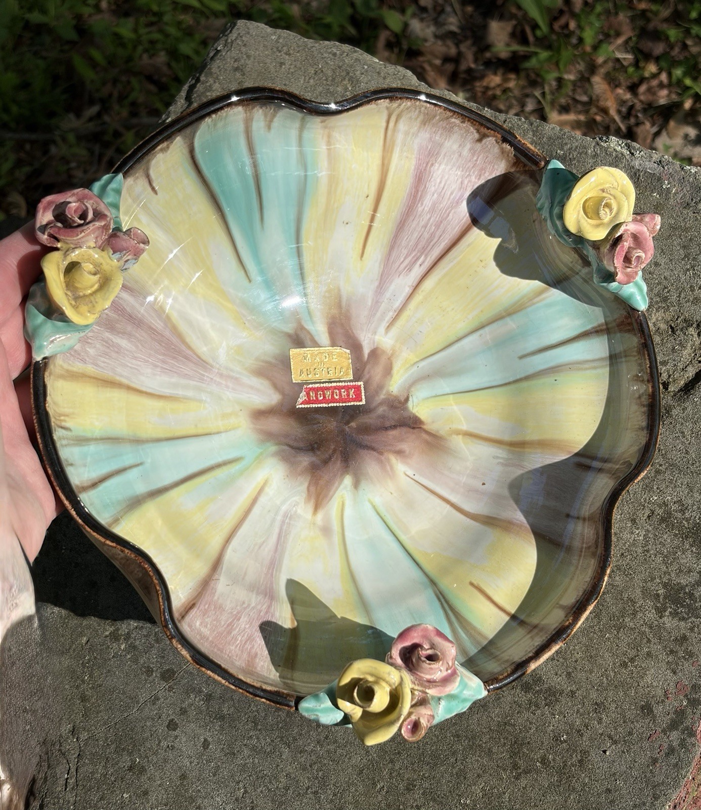 Austrian Anowork art pottery bowl w/ multi -colored drip glaze. New