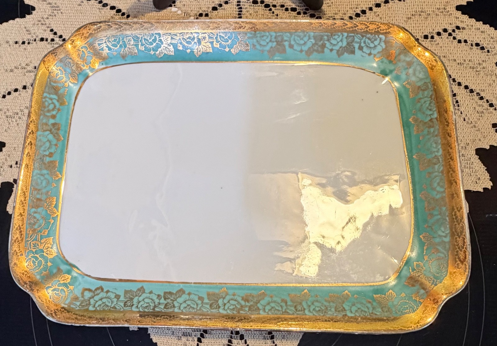 Vintage Superior China Bavaria 22 Carat Embossed gold n green Platter