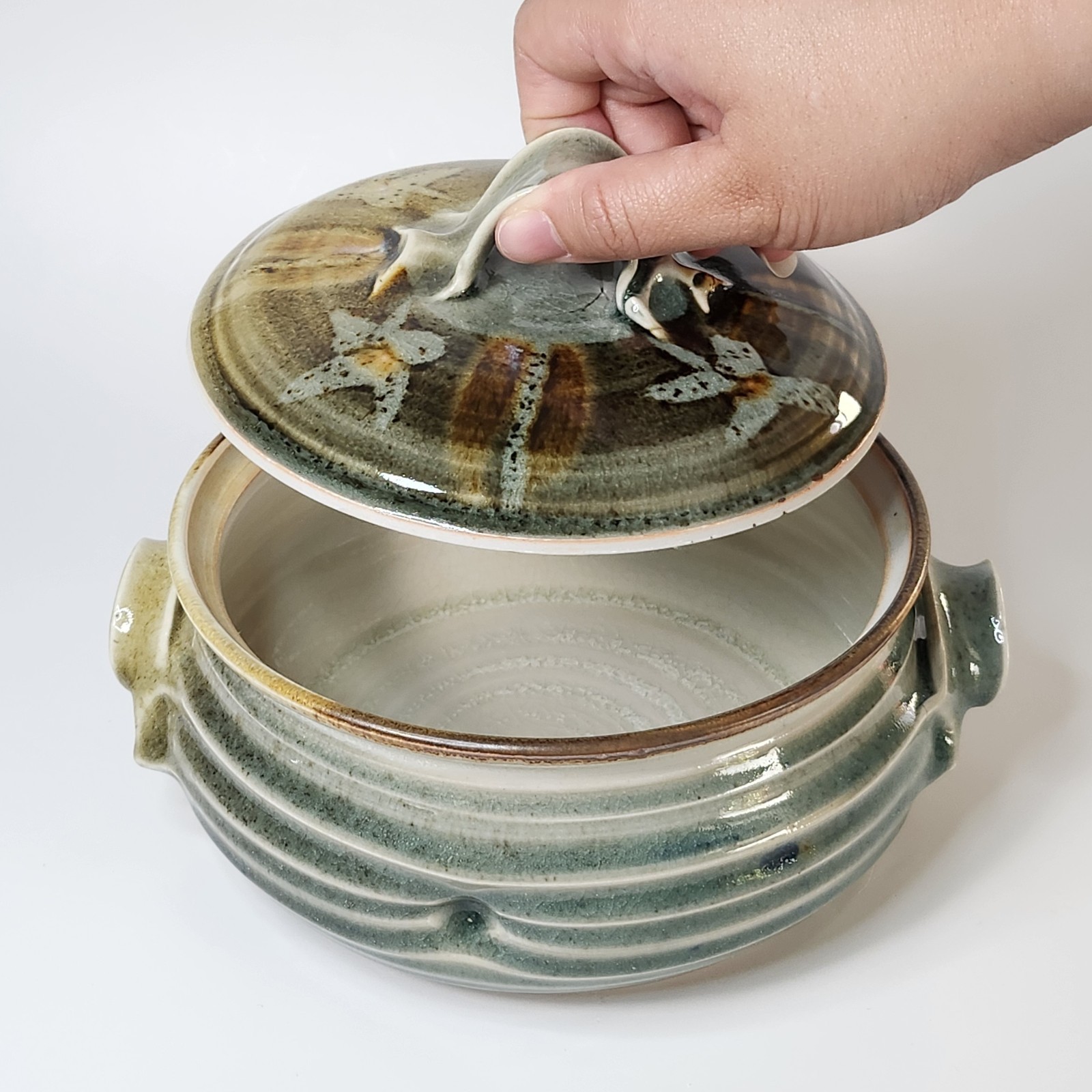 Studio Art Pottery Handmade Glossy Crackle Glaze Ceramic Lidded Casserole Dish