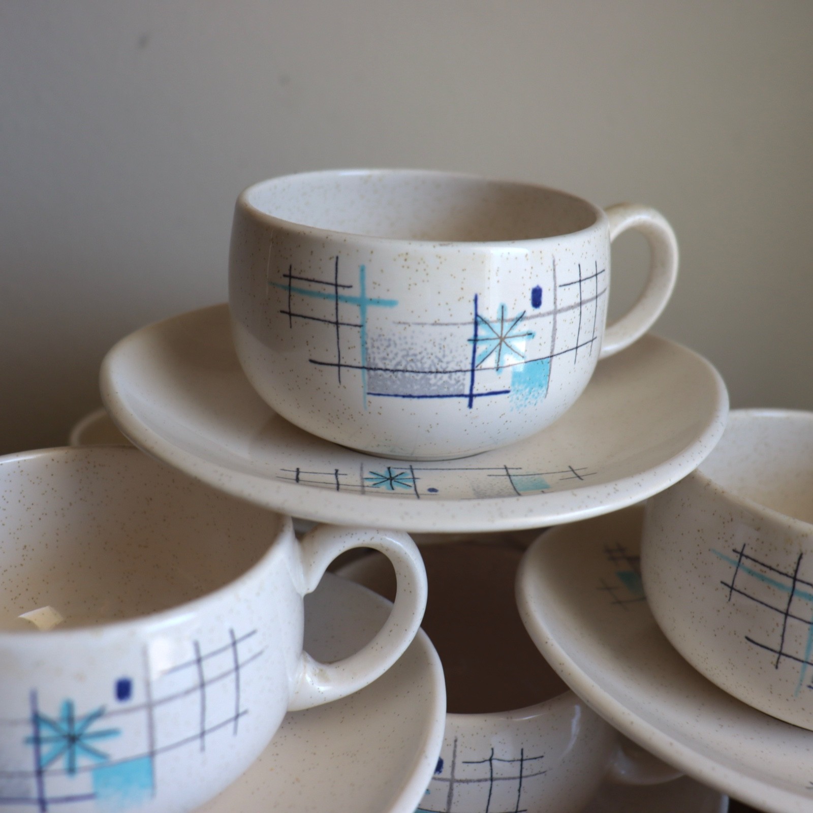 Franciscan Oasis Cup & Saucer 11 Sets Mid-Century Atomic 1950s Coffee Teacup Vtg