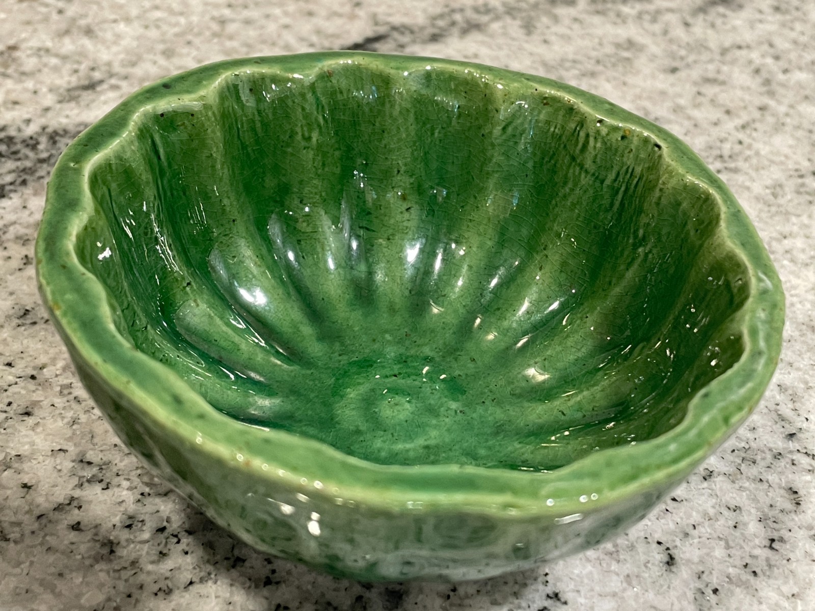 Vintage 1980 Old Salem Green Glazed Ceramic Bowl – Fluted Scalloped Design