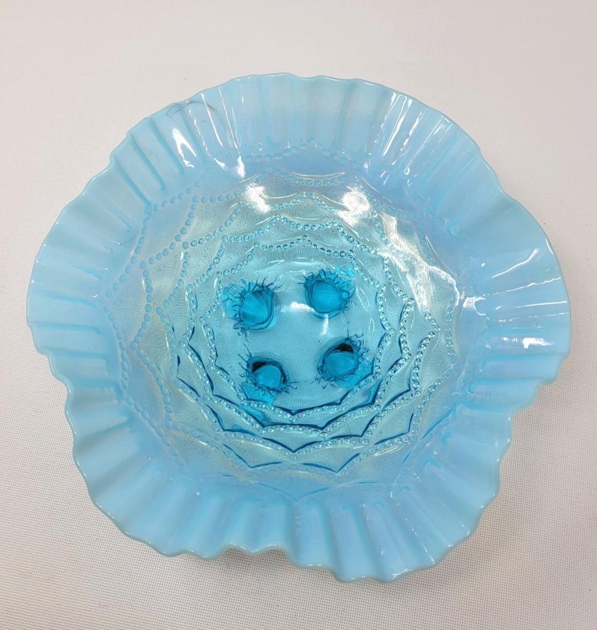 ANTIQUE NORTHWOOD BEADED DRAPES BOWL BLUE OPALESCENT 1905 RUFFLE PATTERN 4 Feet