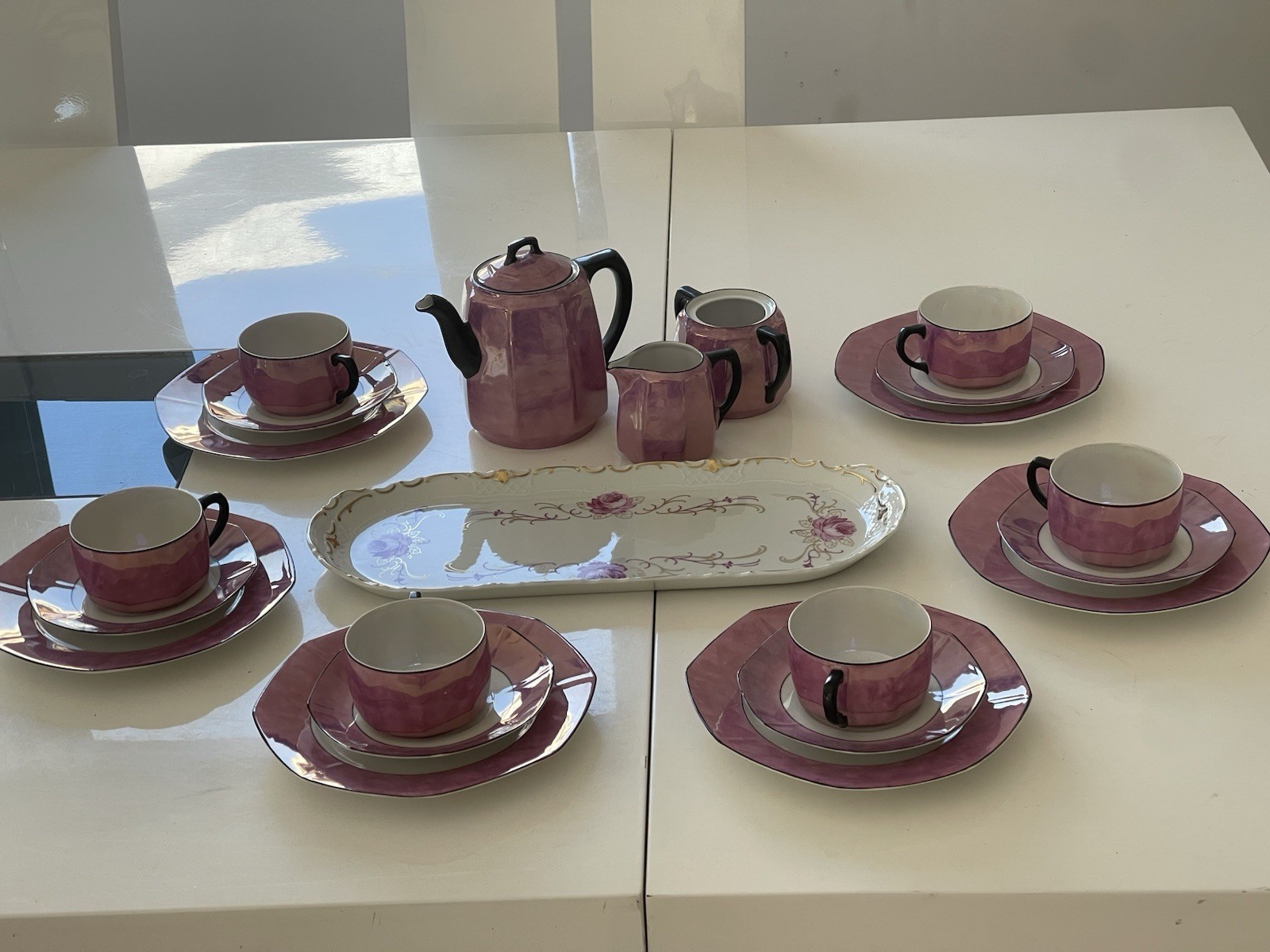 Weimar Porcelain Octagonal Shape 21Pc Mocca Set , Violet-See Details