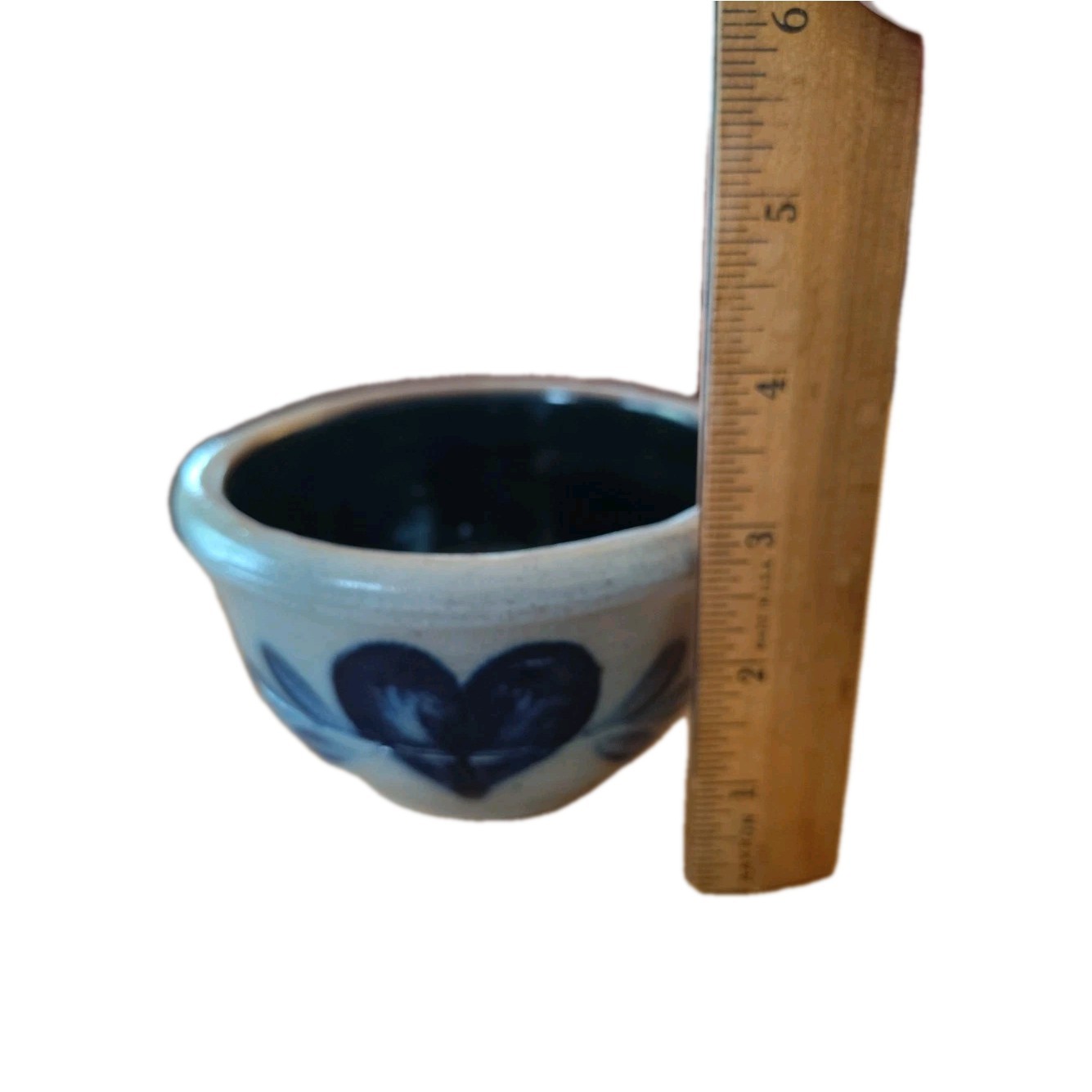 Rowe Pottery Works 1988 Handled Bowl, Blue Heart Salt Glazed 5″ Rim X 2.75 H