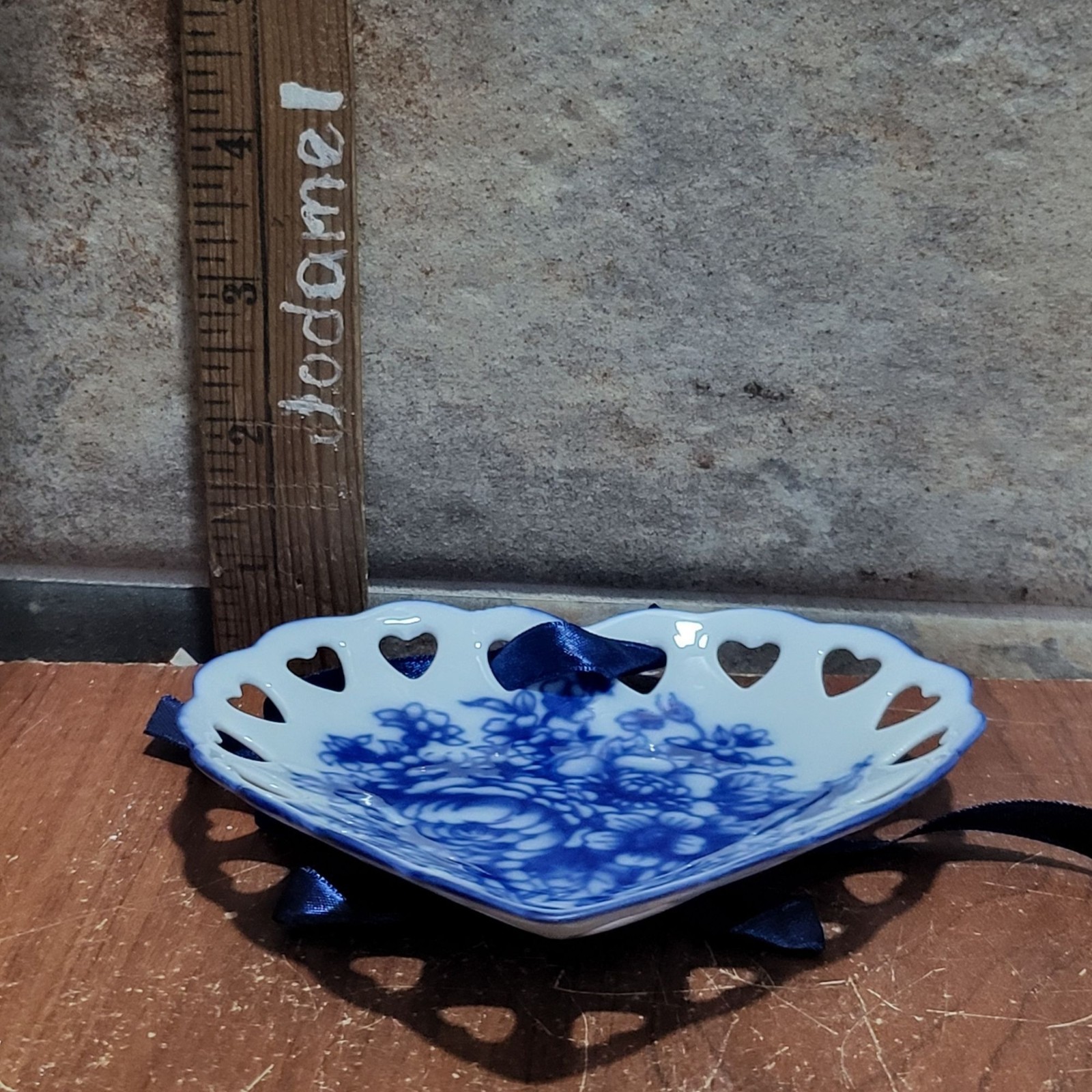 VTG Heart Decorative Plate Blue Floral White Porcelain Pierced Lattice Border