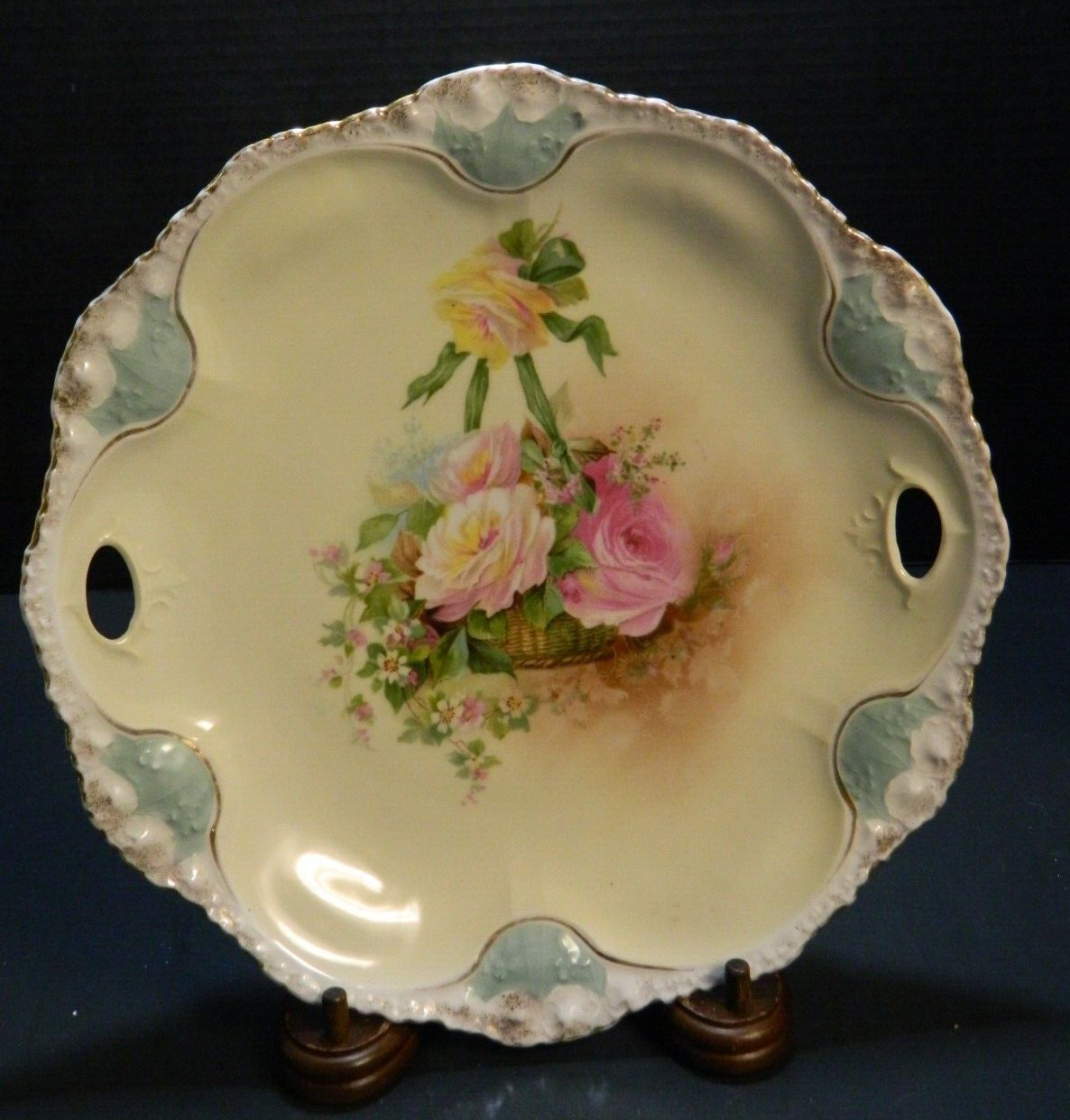 Antique RS Prussia Blue Scalloped Handled Rose Tray 1.25″x10.25″x10.5″ Excellent