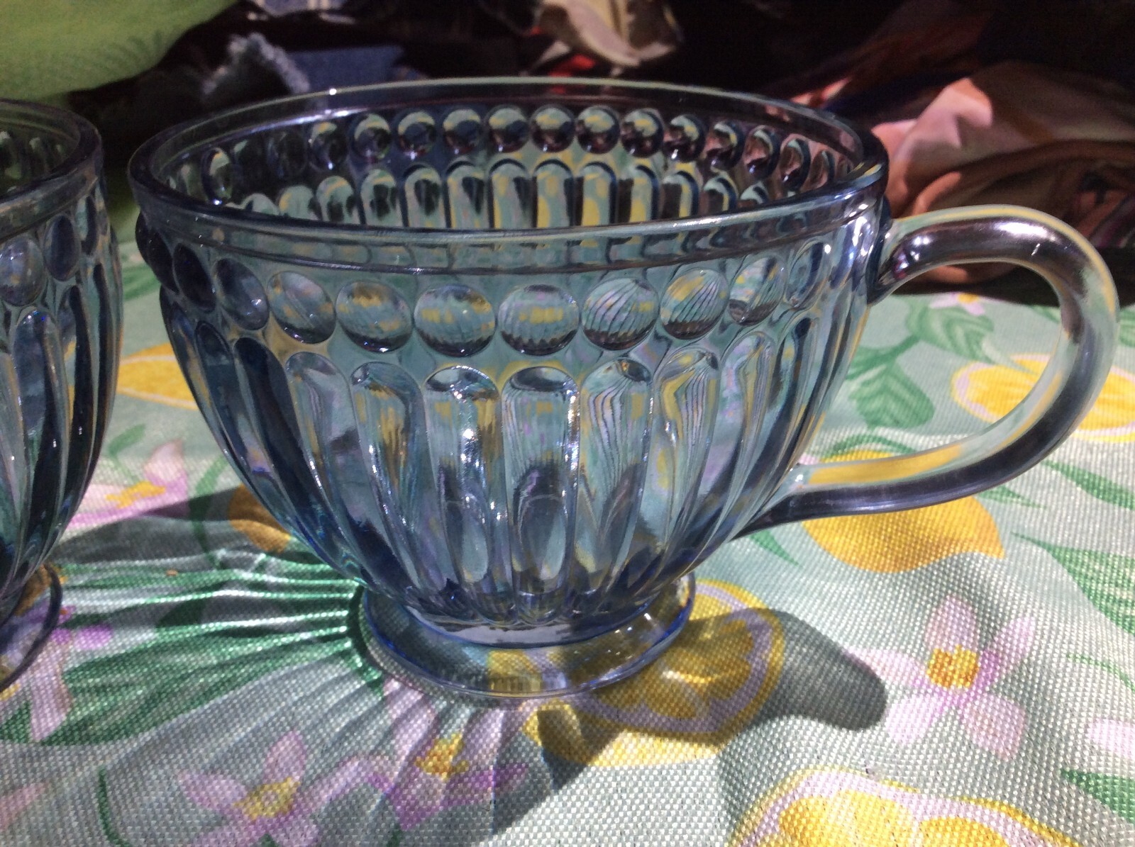 2 Lt Blue Glass Coffee Cups Mugs Quilted Bubble Pattern 12 oz. Beauties 4.25″