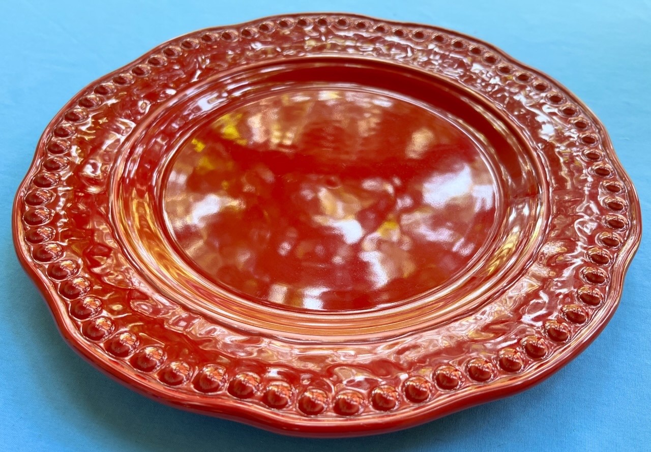Set of FOUR Fapor Rustic Dots 11 3/4 Inch Red Dinner Plates Portugal