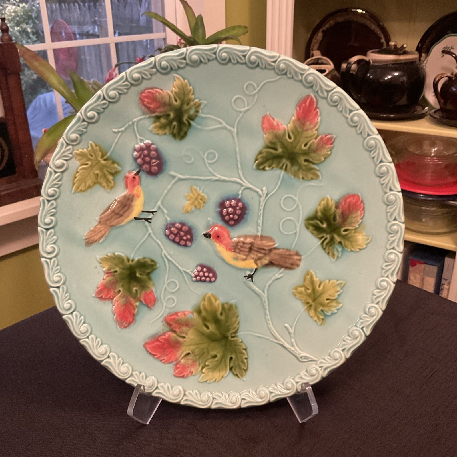 Vintage G S Zell Majolica 11” Birds Berries Grapevines Serving Platter