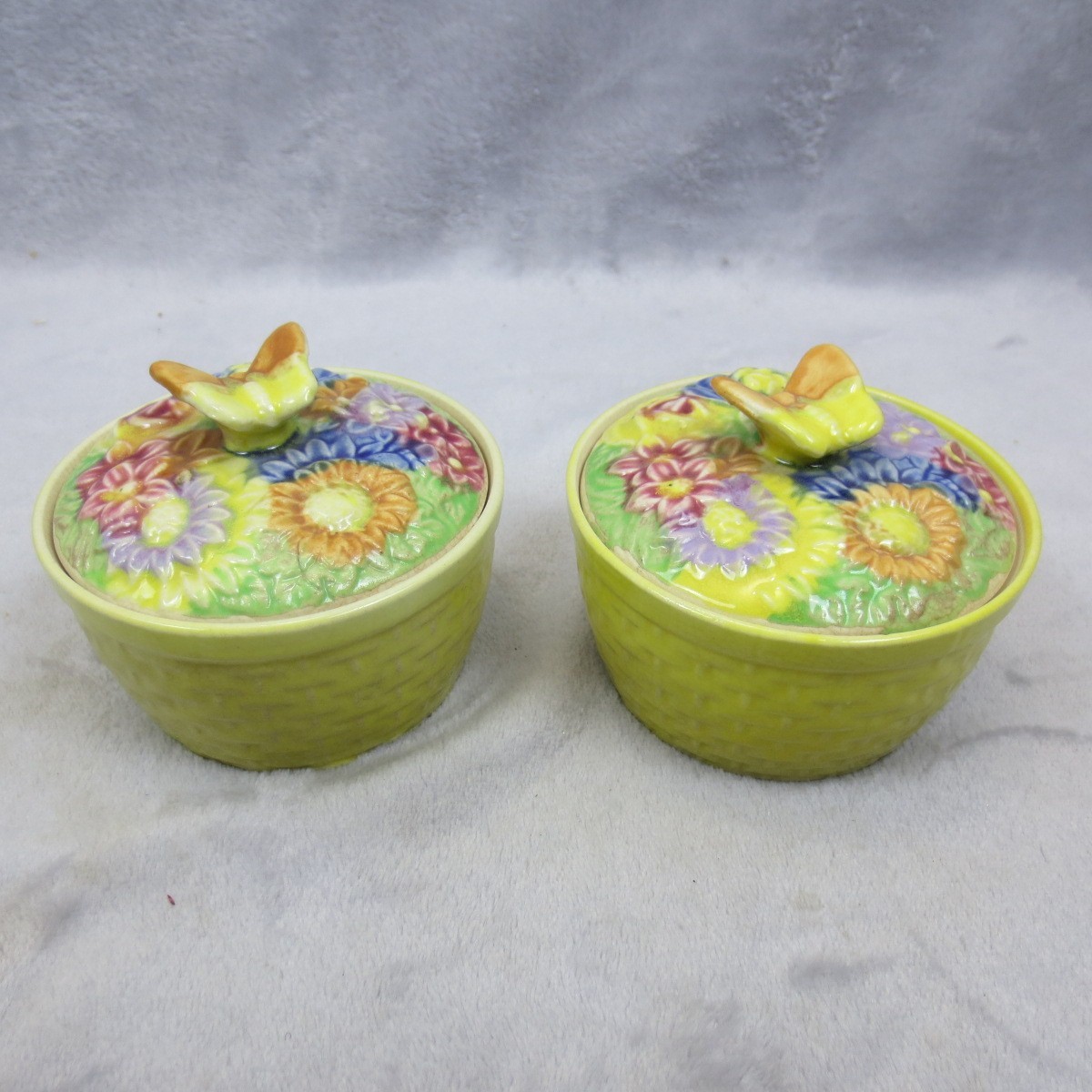 Pair Butterfly Flowers Covered Candy Trinket Dish Japan Majolica Hand Painted