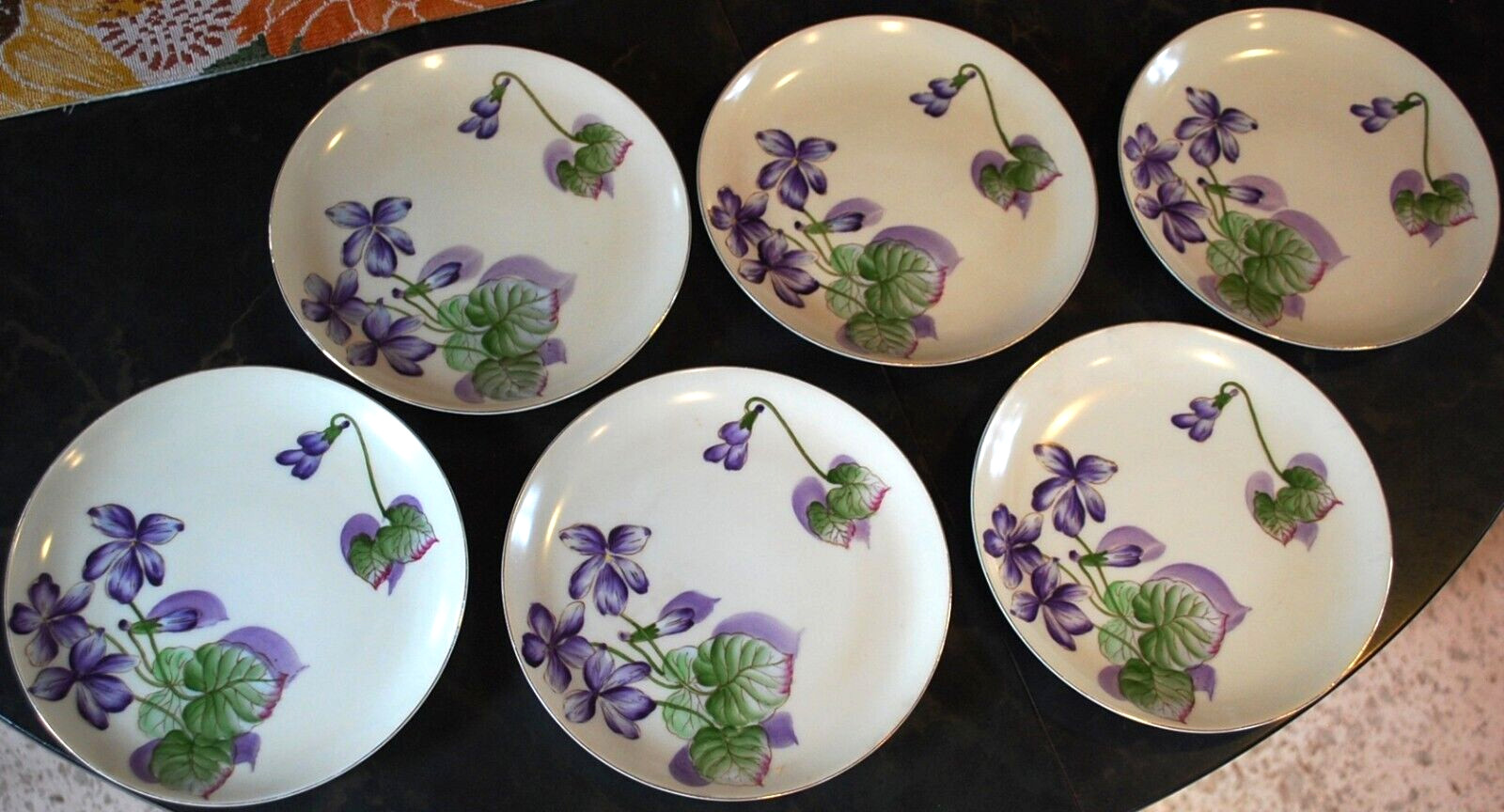Vtg Set 6 PLATES Tashiro Shoten Japan HANDPAINTED PURPLE VIOLETS Gold Rims 7.5″