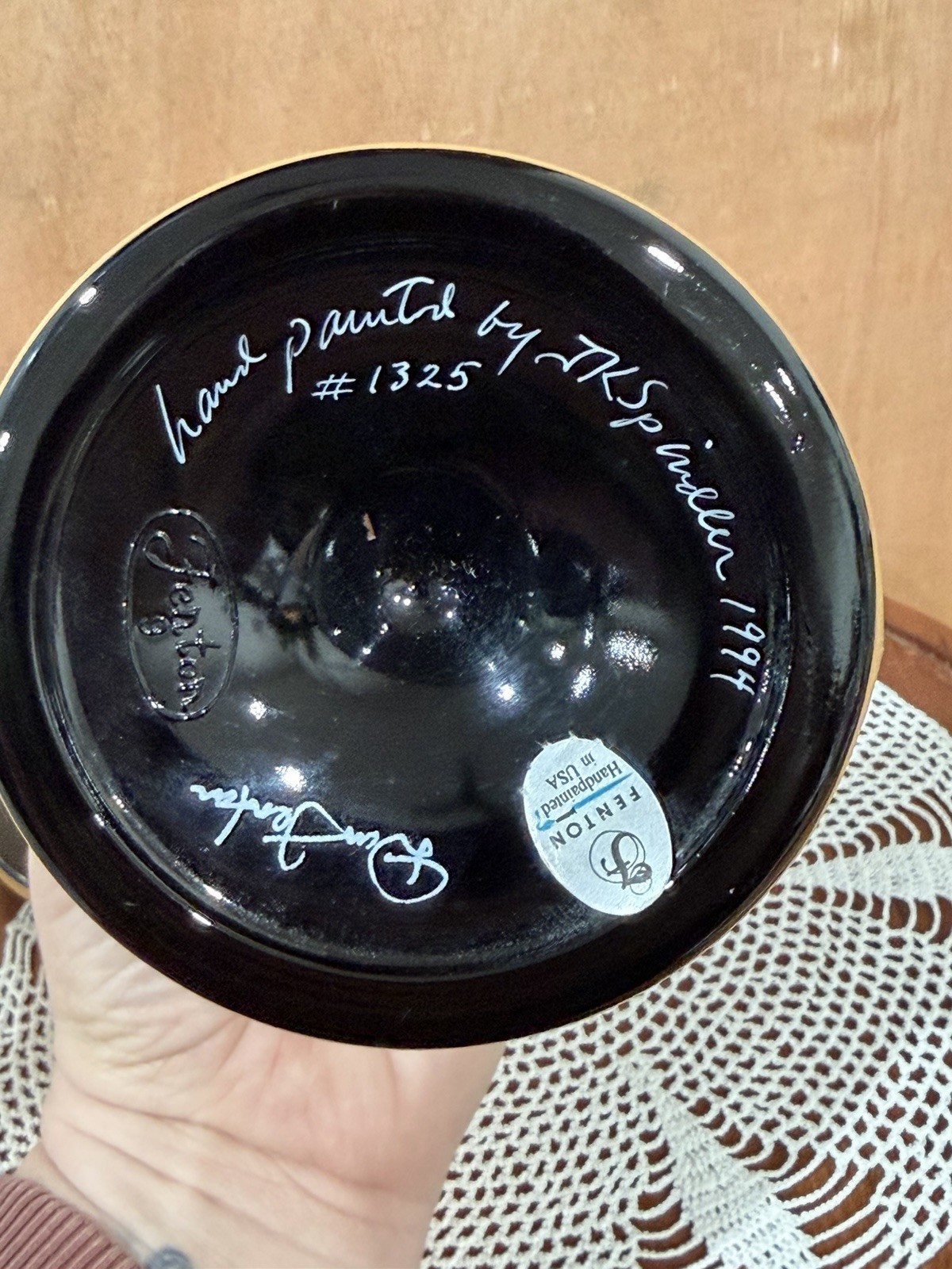 Fenton 1994 Black Hand Painted Lidded Urn Candy Dish J.K. Spindler #1325