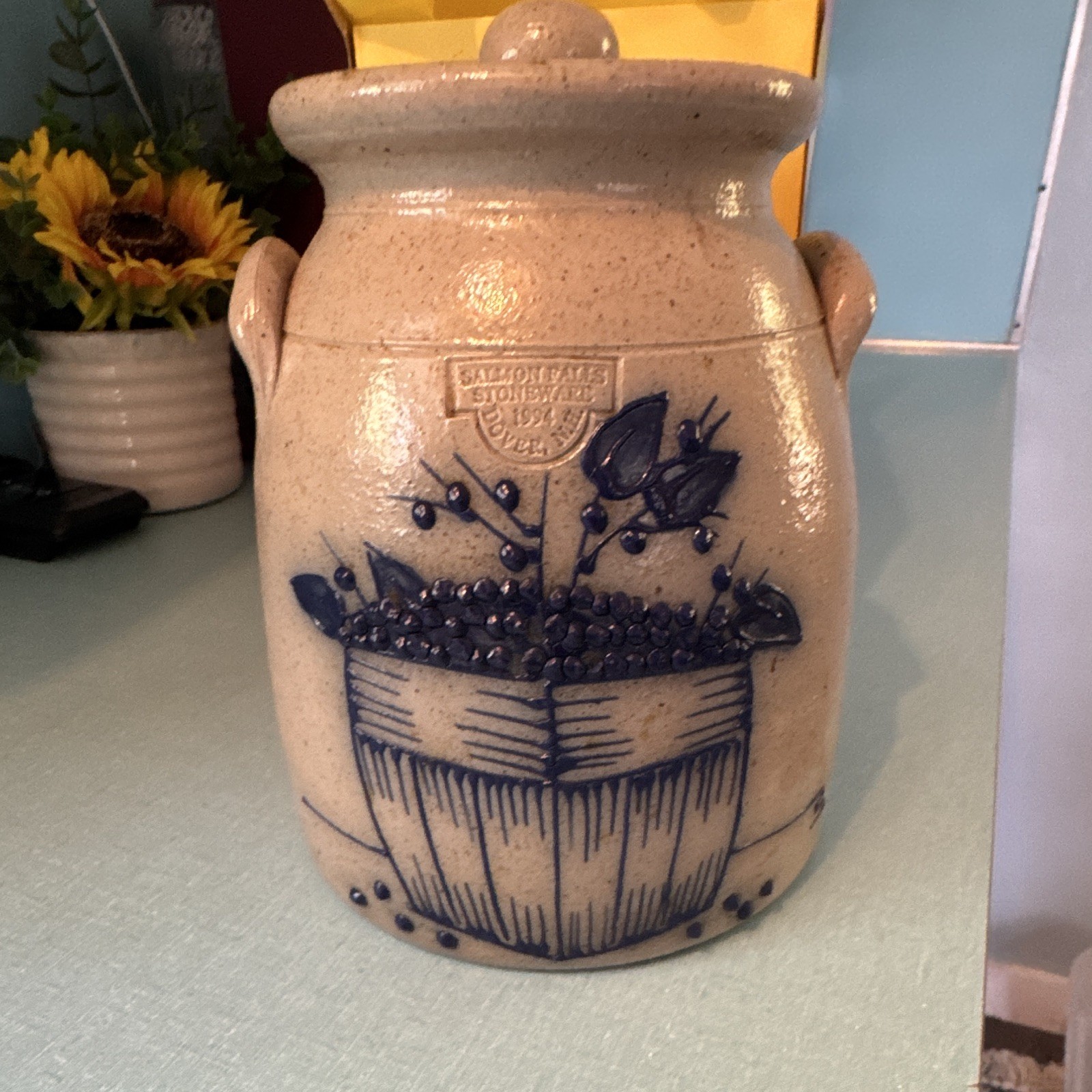 Salmon Falls Stoneware 1994 Blue Basket Berry Stoneware Jar w/ Lid Handles