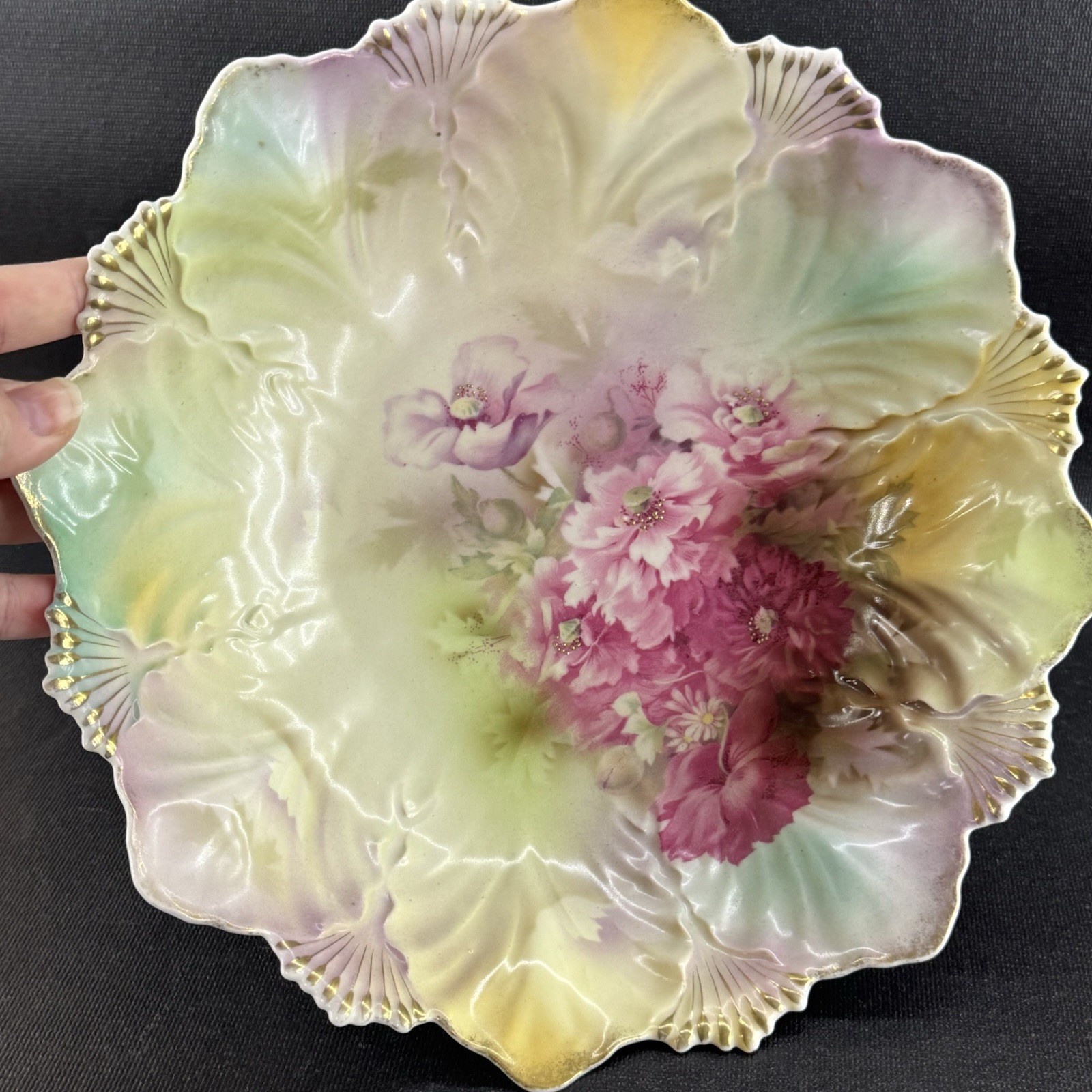 Antique RS Prussia Rare Shell & Fan Mold 10” Bowl Pink Floral Bouquet