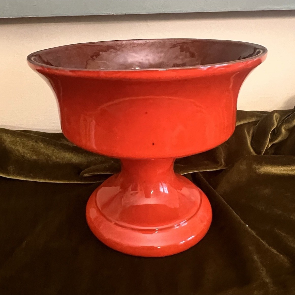 Frankoma F52 Red Pedestal Centerpiece Bowl Compote, Signed Art Pottery