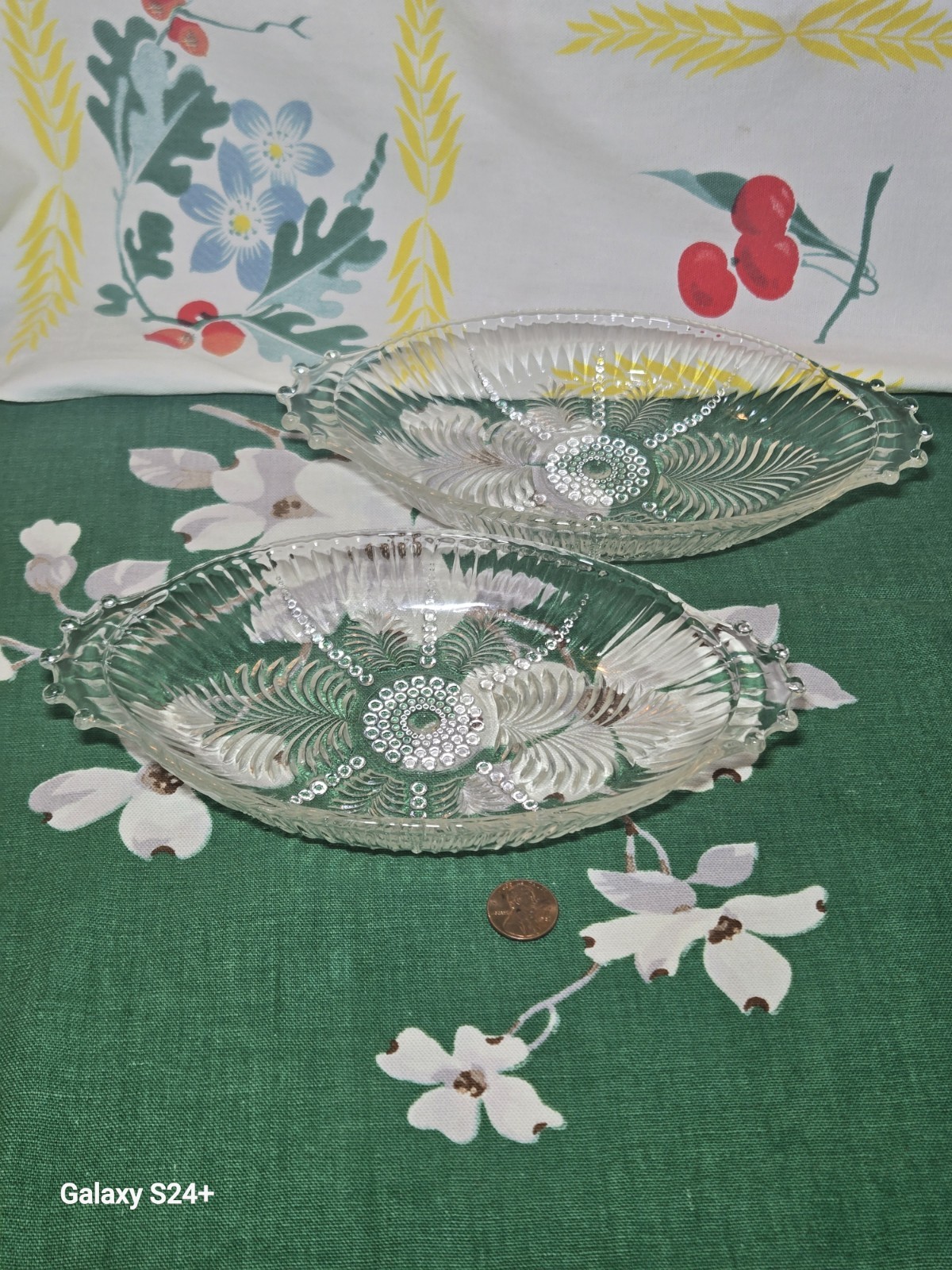 Pair of Depression era Feather Pattern Oval Pressed Glass Mint Tray