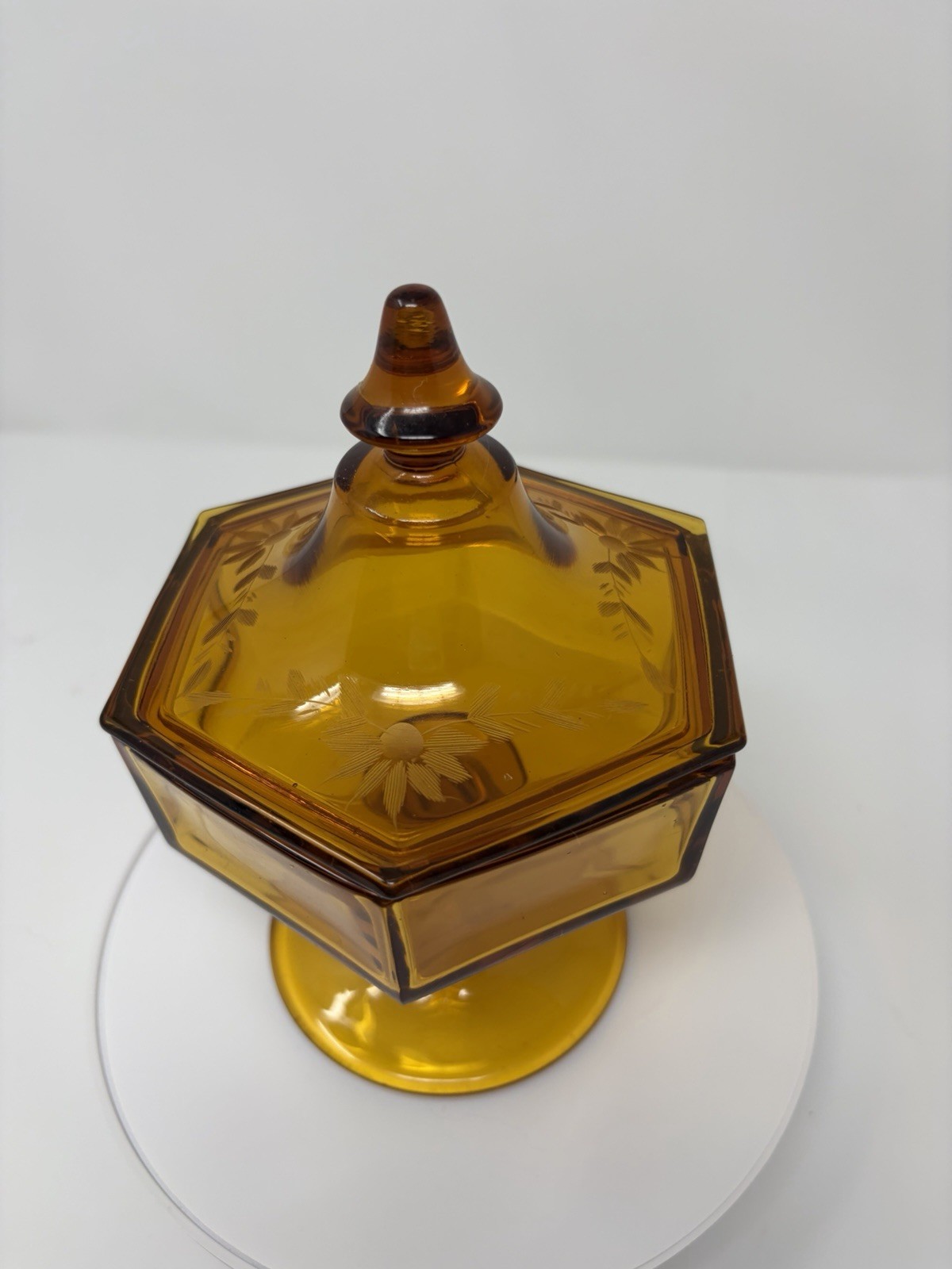Vintage Amber Hexagon Covered Candy Dish Pedestal Compote Etched Glass MCM