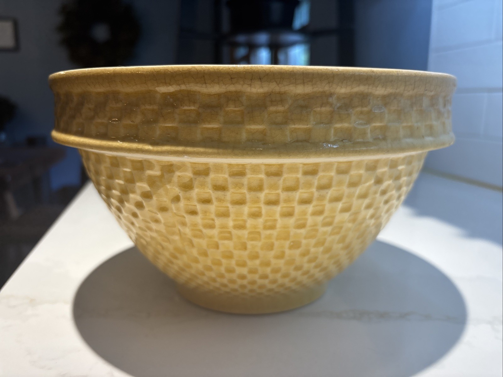 Antique Rare McCoy Yellow Ware Pottery 10.25 Inch Checkerboard Large Mixing Bowl