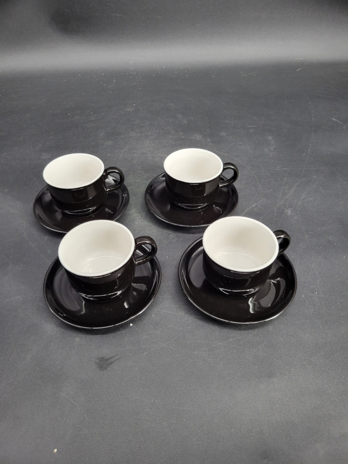 4 Black Glazed 2 1/8″ Teacup/Coffee Cup w/ Four 5″ Saucer Sets 8-Pieces Total