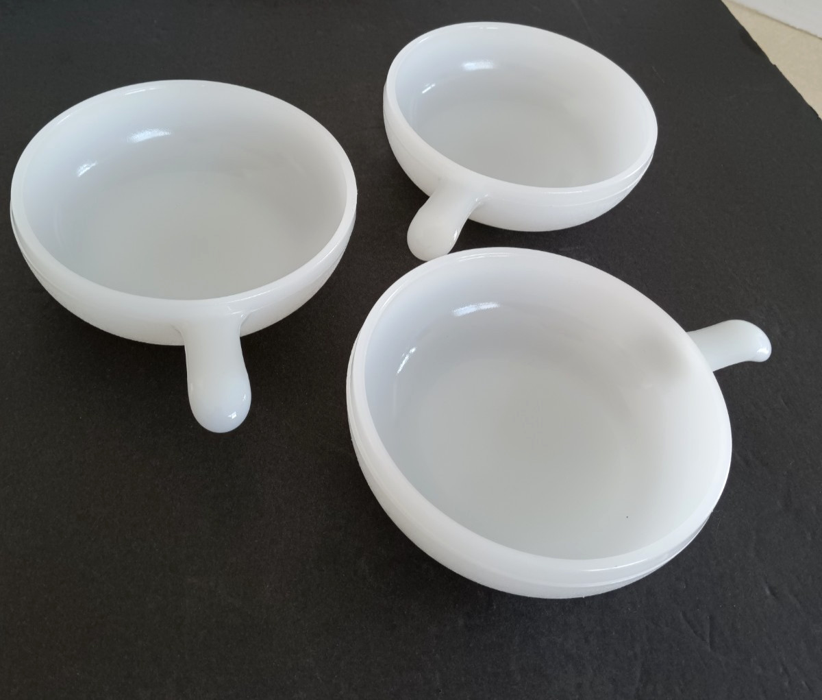 Vintage Glasbake Soup Bowls White Milk Glass Handled Crocks 5” USA Set of 3